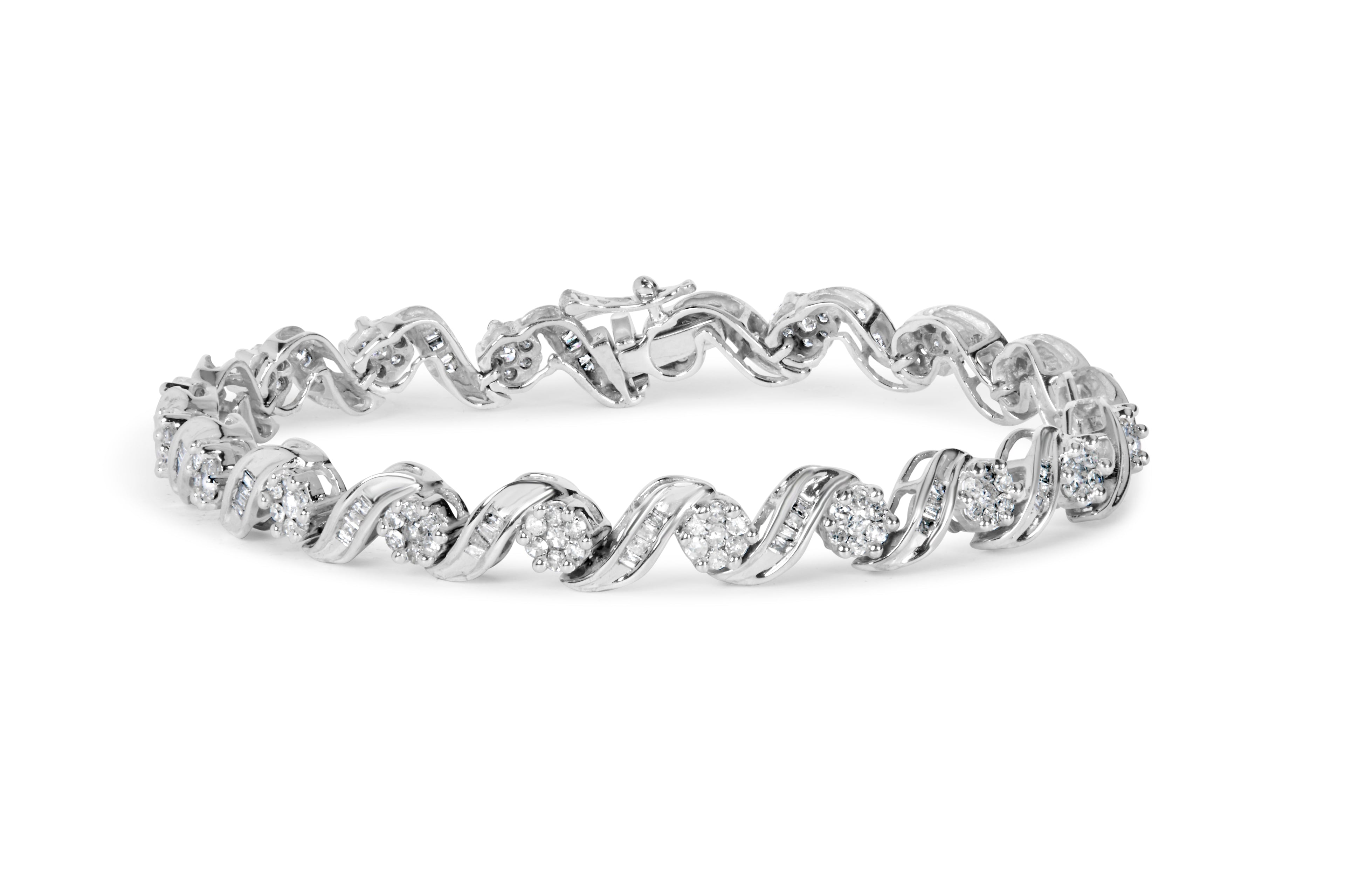 14K White Gold 2.00 Cttw Diamond Cluster and Spiral Link Bracelet (I-J Color, I1-I2 Clarity) - 7" by Bids.com
