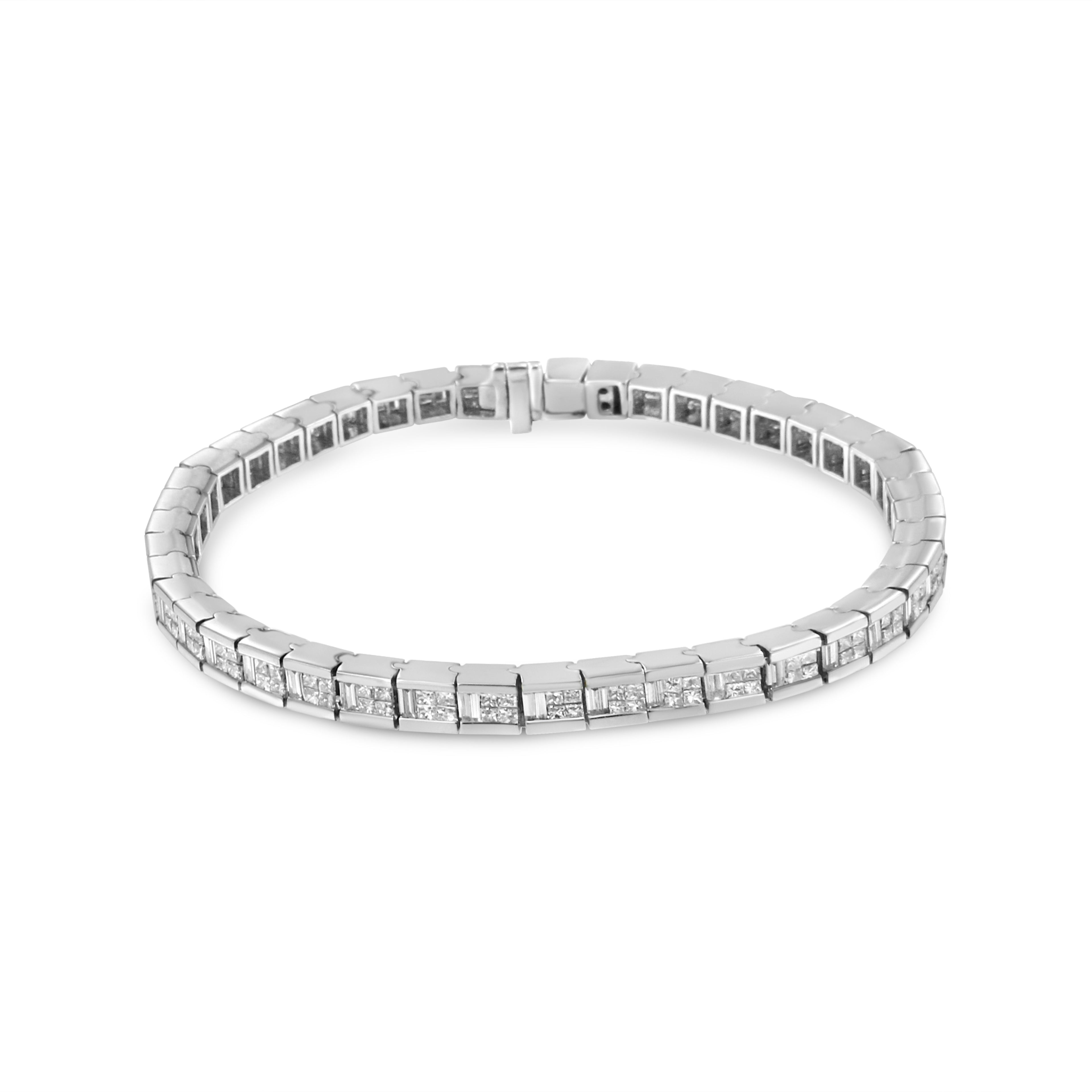14K White Gold 4 3/8 Cttw Alternating Invisible Set Princess and Baguette Diamond Tennis Bracelet (G-H Color, VS1-VS2 Clarity) - Size 7" by Bids.com