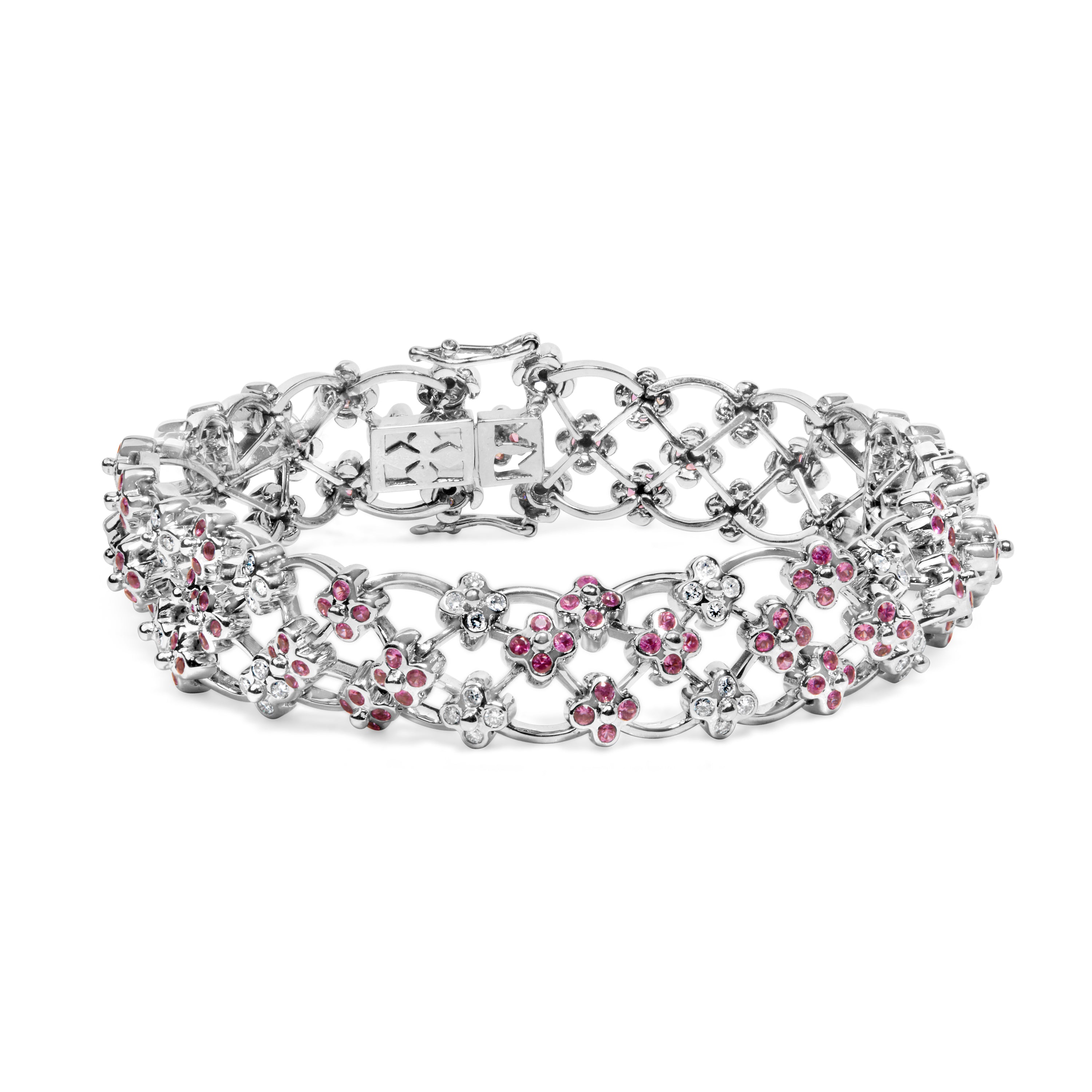 14K White Gold Pink Sapphire and Diamond Floral Lattice Link Bracelet - 7.25" Inches by Bids.com