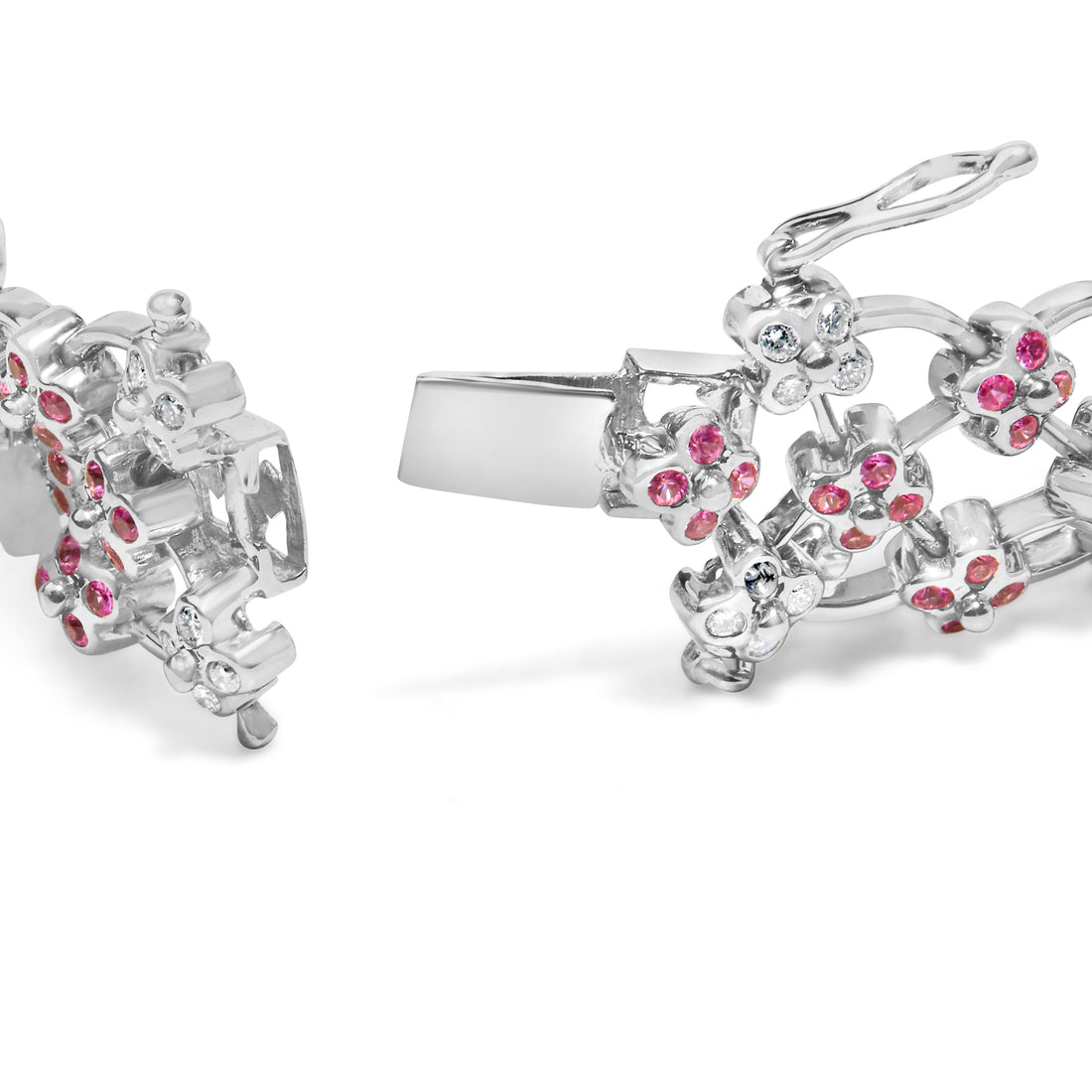 14K White Gold Pink Sapphire and Diamond Floral Lattice Link Bracelet - 7.25" Inches by Bids.com
