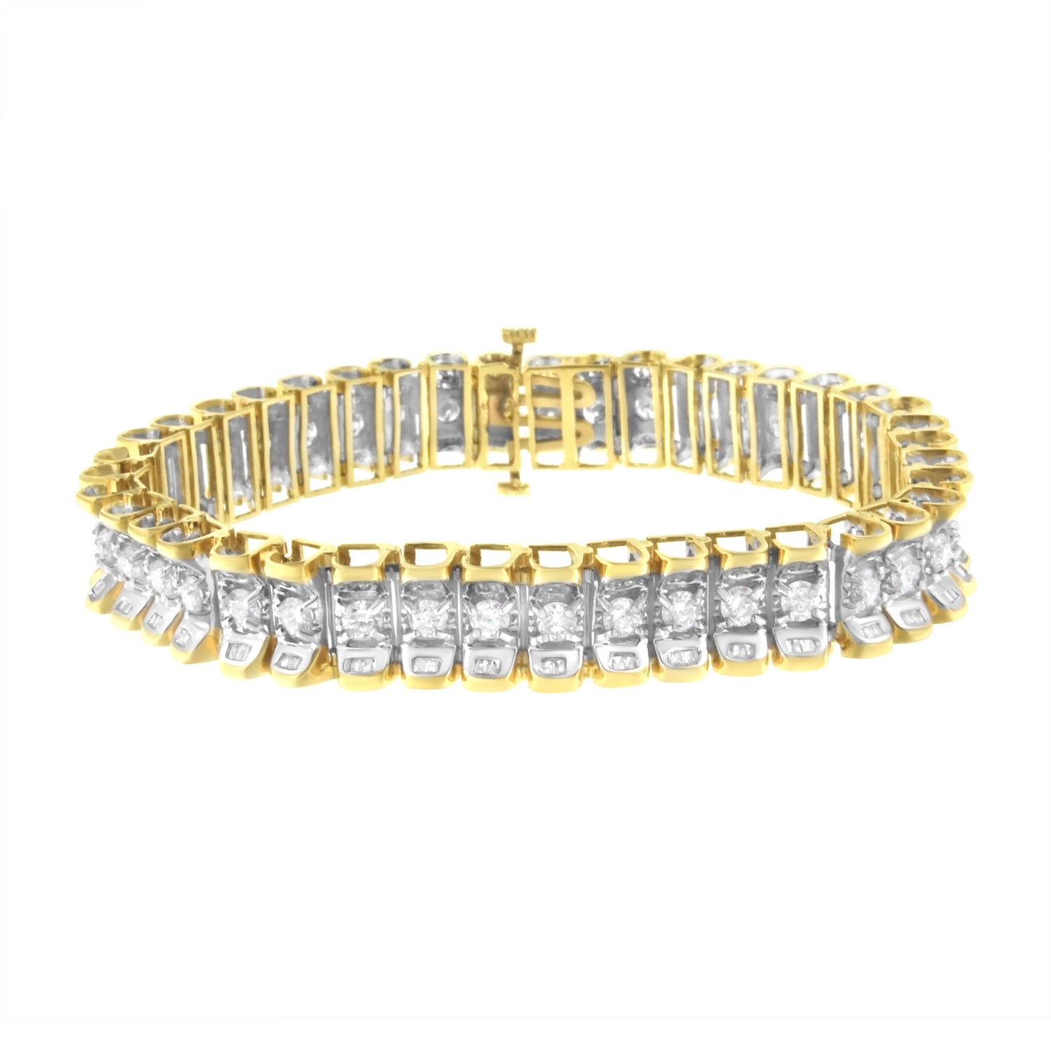 14K Yellow and White Gold 5.0 Cttw Round &amp; Baguette Cut Diamond 7" Reflective Tennis Bracelet (H-I Color, I1-I2 Clarity) by Bids.com