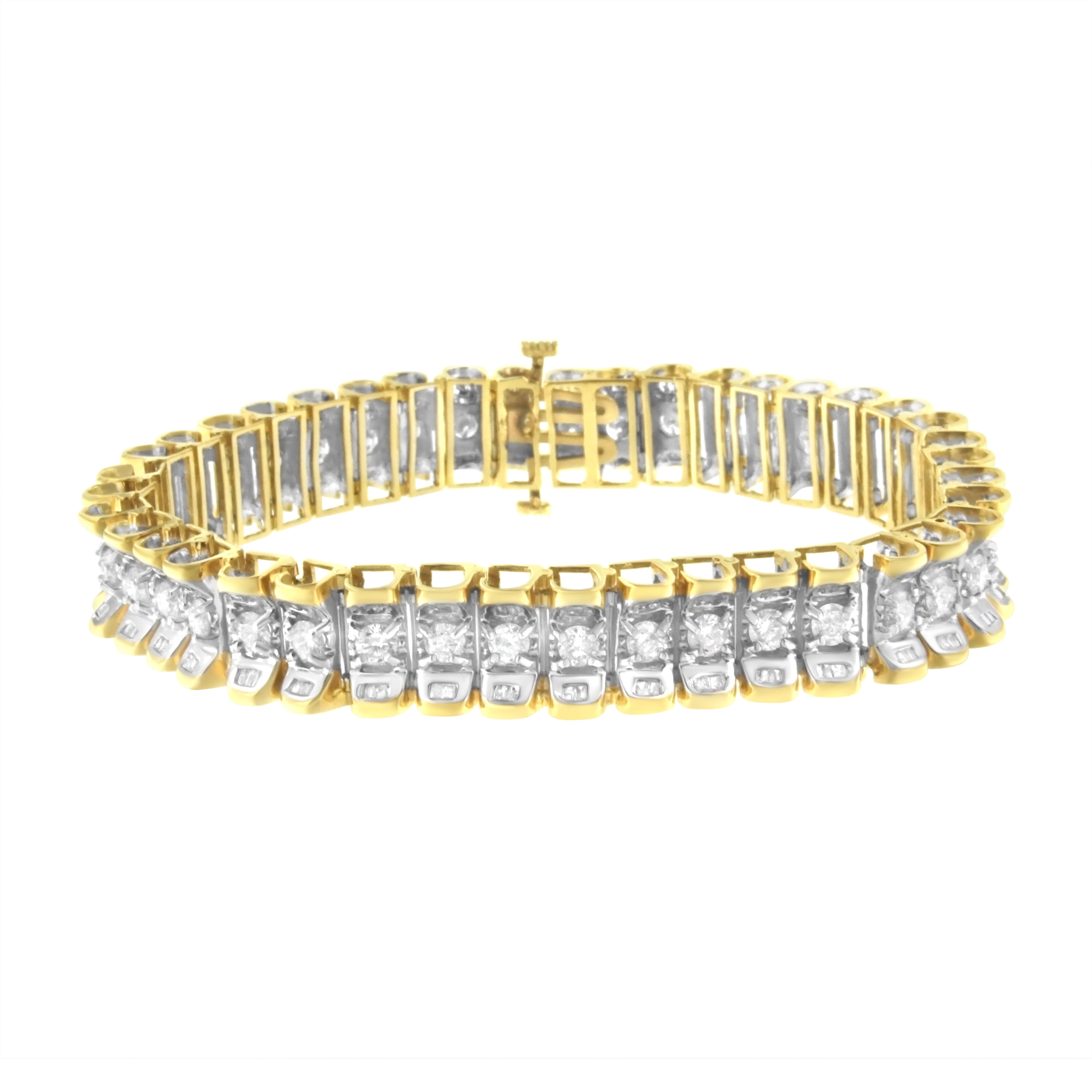 14K Yellow and White Gold 5.0 Cttw Round &amp; Baguette Cut Diamond 7" Reflective Tennis Bracelet (H-I Color, I1-I2 Clarity) by Bids.com