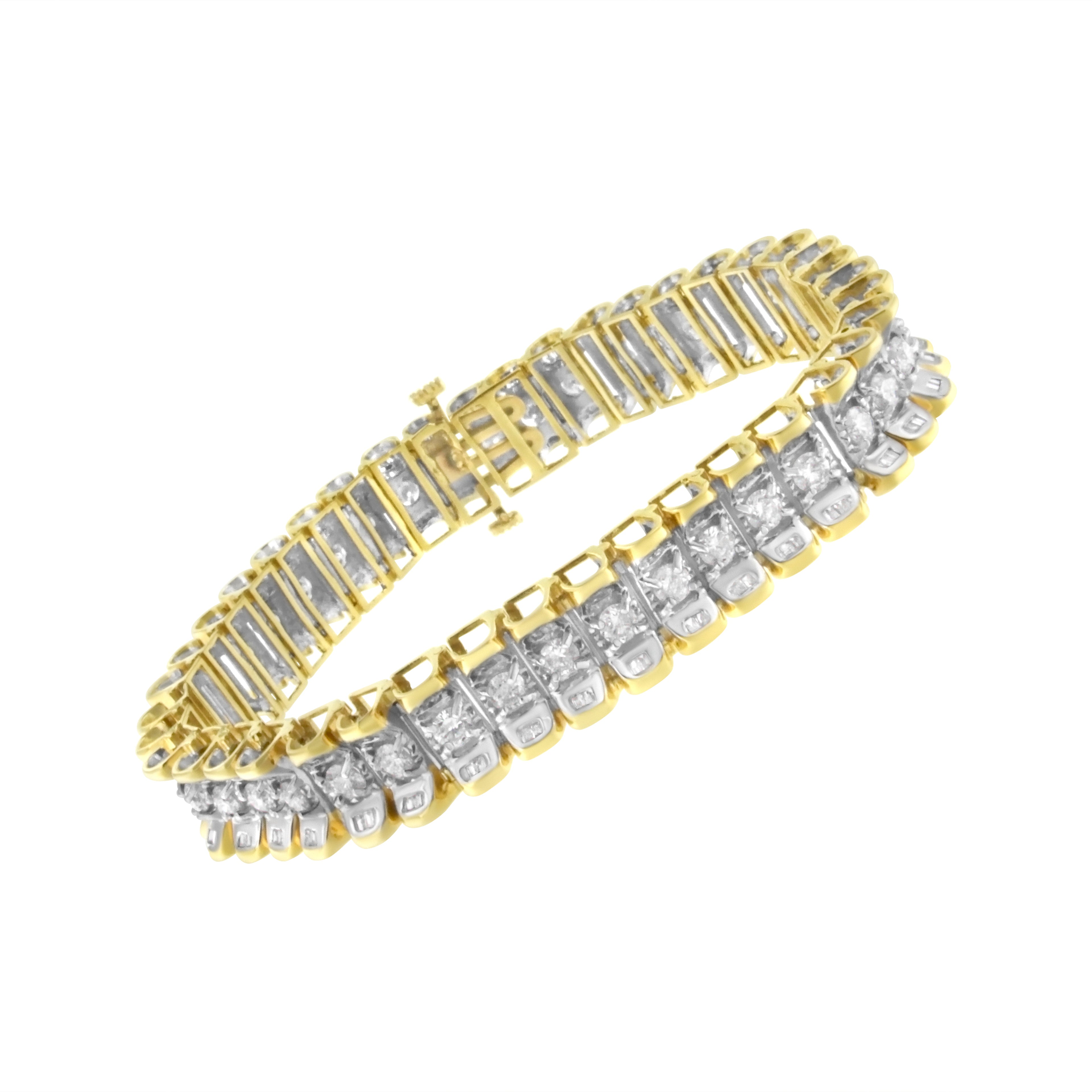 14K Yellow and White Gold 5.0 Cttw Round &amp; Baguette Cut Diamond 7" Reflective Tennis Bracelet (H-I Color, I1-I2 Clarity) by Bids.com