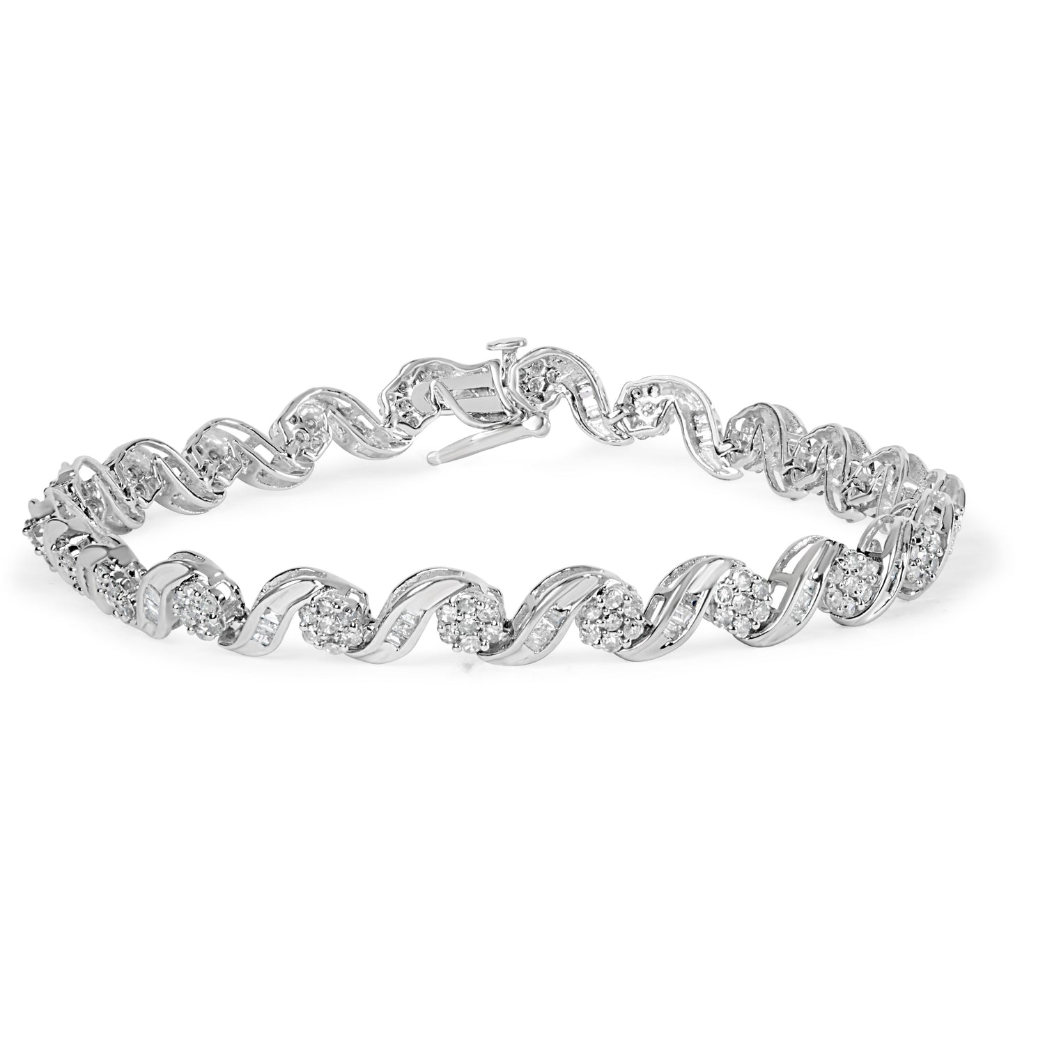 10K White Gold 2.00 Cttw Round-Cut and Baguette-Cut Diamond Floral Design Swirl Link 7" Bracelet (I-J Color, I1-I2 Clarity) by Bids.com