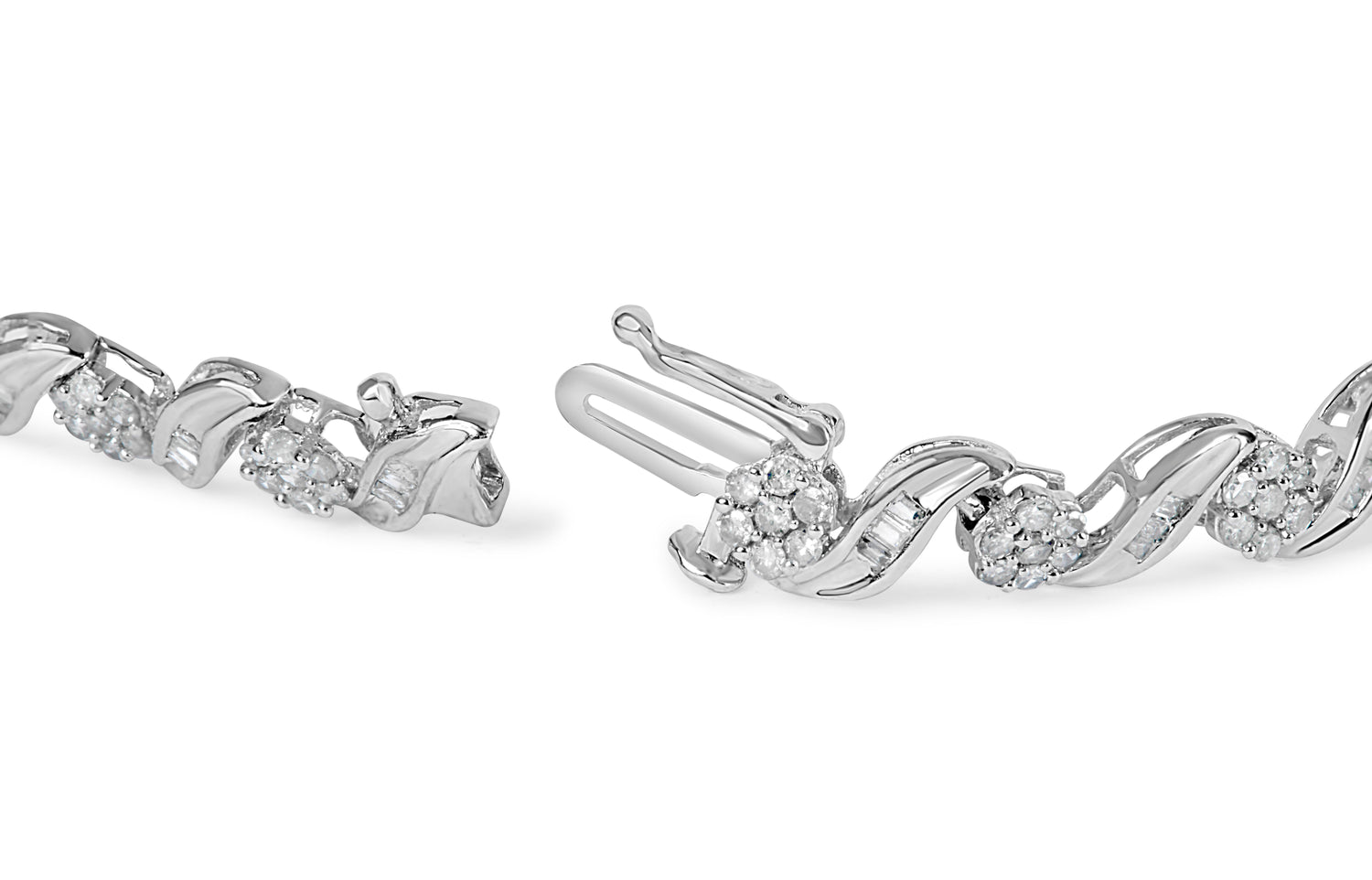 10K White Gold 2.00 Cttw Round-Cut and Baguette-Cut Diamond Floral Design Swirl Link 7" Bracelet (I-J Color, I1-I2 Clarity) by Bids.com