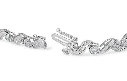 10K White Gold 2.00 Cttw Round-Cut and Baguette-Cut Diamond Floral Design Swirl Link 7" Bracelet (I-J Color, I1-I2 Clarity) by Bids.com