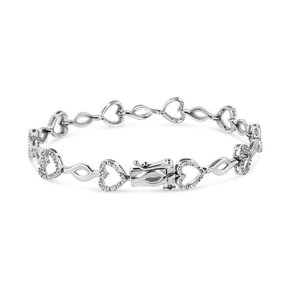 .925 Sterling Silver 1/4 Cttw Round-Cut Diamond Alternating Heart and Leaf Link Bracelet (I-J Color, I3 Clarity) - Size 7.25" by Bids.com