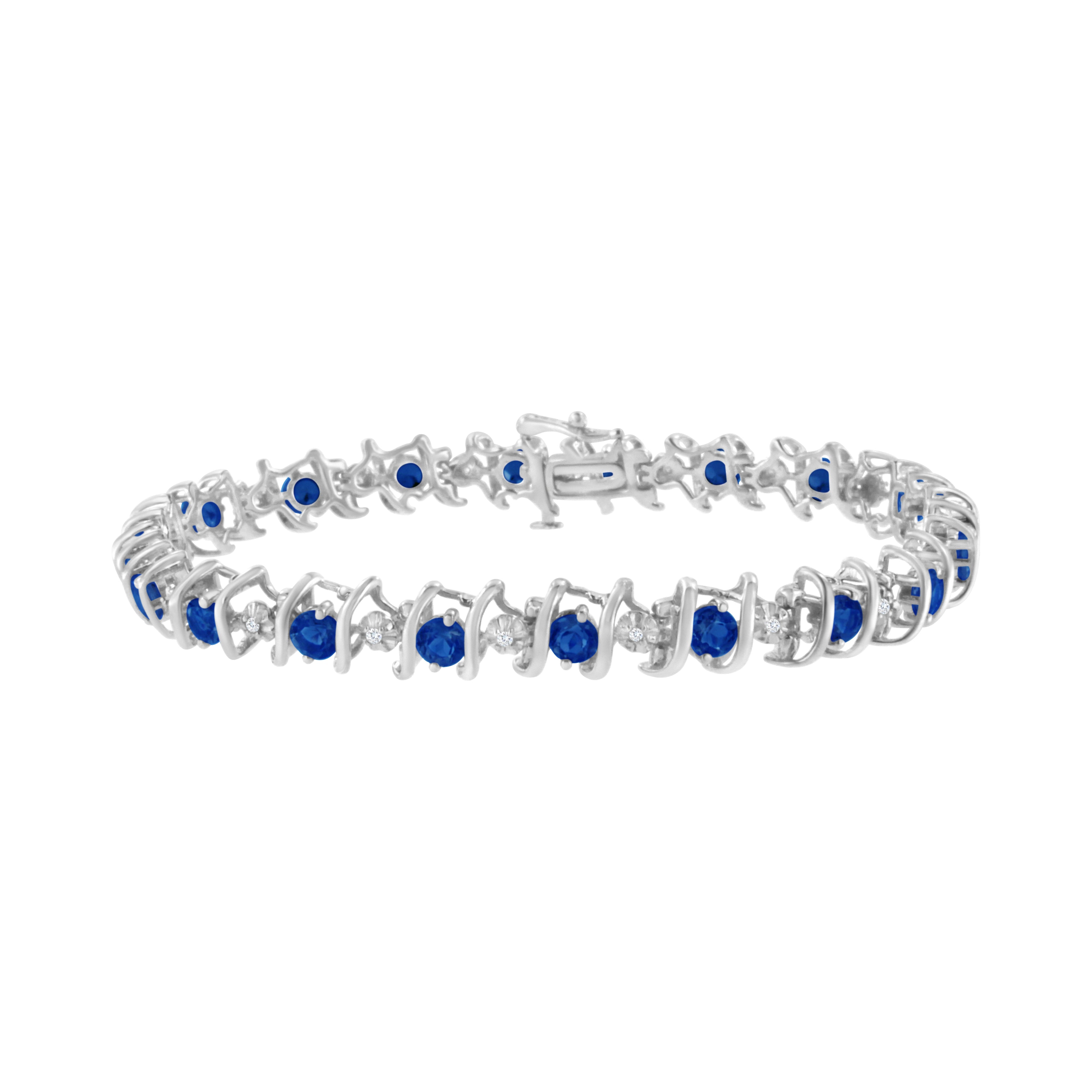 .925 Sterling Silver, Lab-Grown Gemstone and 4 Cttw Round Diamond Tennis Bracelet (H-I Color, I1-I2 Clarity) - Created Blue Sapphire, September Birthstone by Bids.com