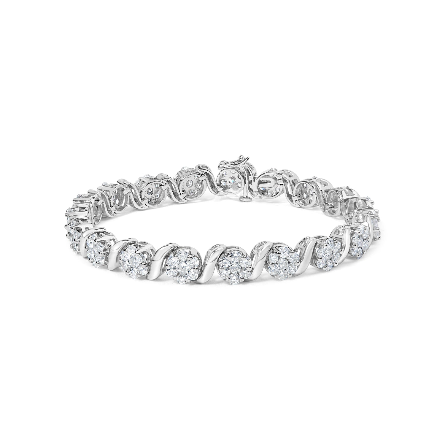 14K White Gold 7 3/8 Cttw Round Brilliant Diamond Floral Cluster and S Link Bracelet (H-I Color, SI2-I1 Clarity) - 7" Inches by Bids.com