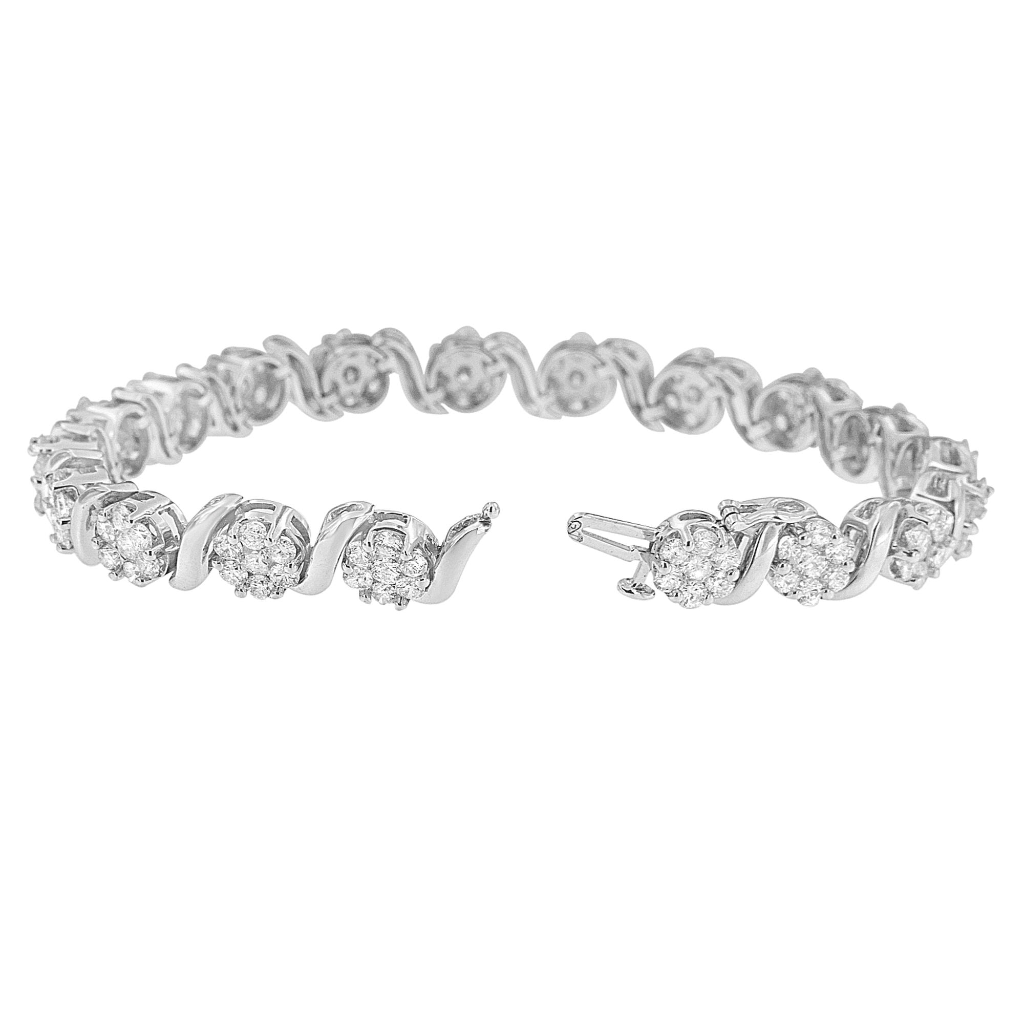14K White Gold 7 3/8 Cttw Round Brilliant Diamond Floral Cluster and S Link Bracelet (H-I Color, SI2-I1 Clarity) - 7" Inches by Bids.com