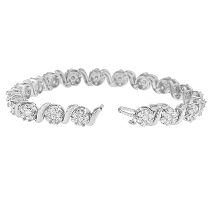 14K White Gold 7 3/8 Cttw Round Brilliant Diamond Floral Cluster and S Link Bracelet (H-I Color, SI2-I1 Clarity) - 7" Inches by Bids.com
