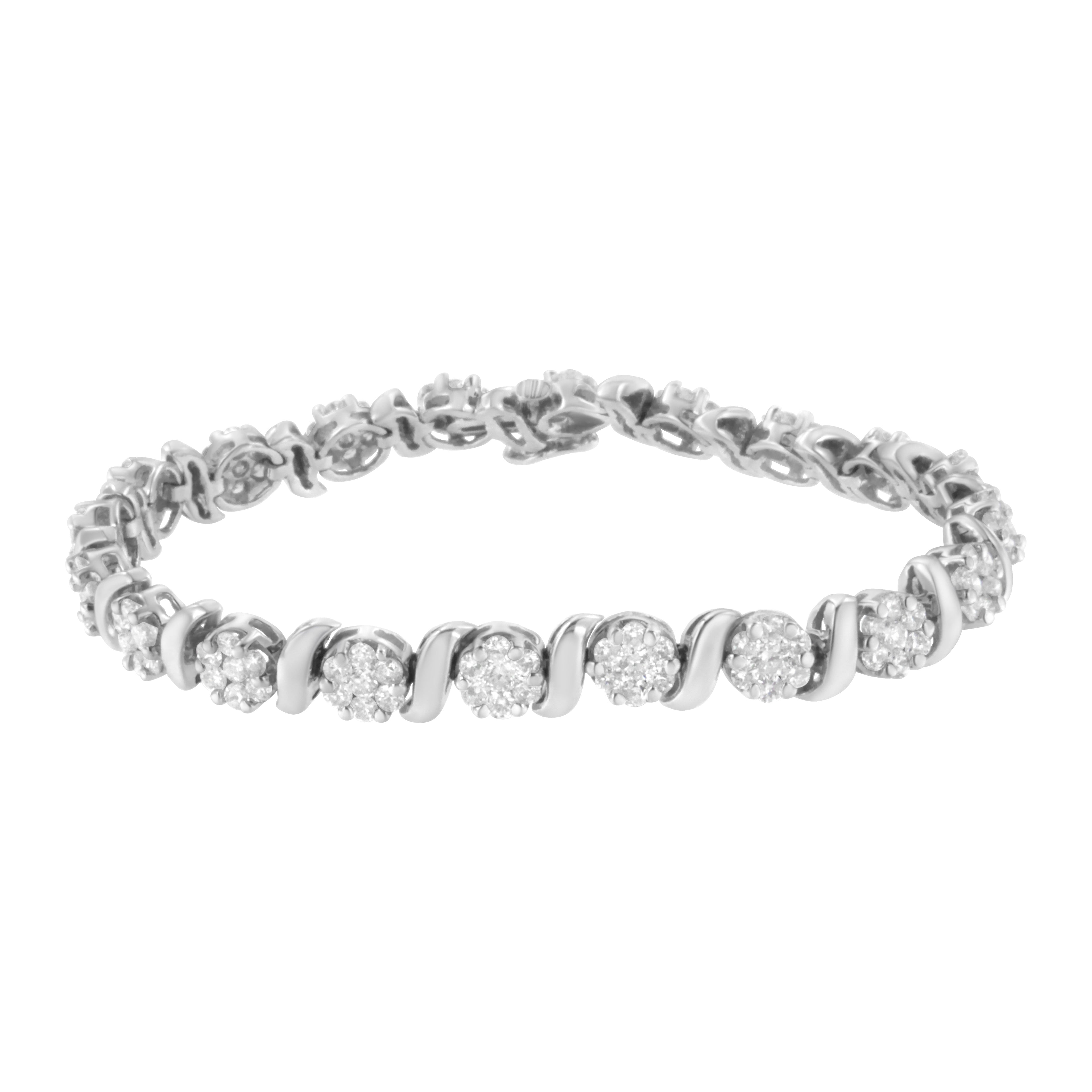 14K White Gold 5 1/4 cttw Diamond S-Link Floral Cluster Tennis Bracelet (I-J Clarity, SI2-I1 Color) - Size 7" 