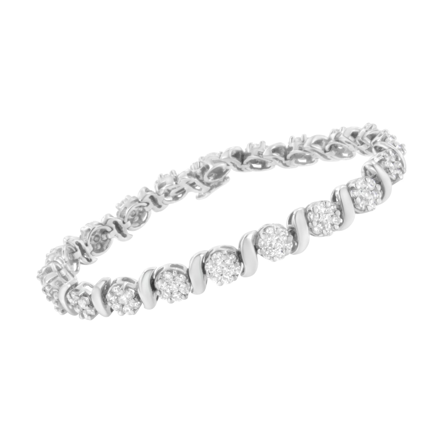 14K White Gold 5 1/4 cttw Diamond S-Link Floral Cluster Tennis Bracelet (I-J Clarity, SI2-I1 Color) - Size 7" 