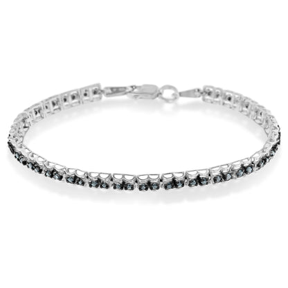 Black Rhodium over .925 Sterling Silver 1.0 Cttw Rose Cut Diamond Double-Link 7" Tennis Bracelet (Blue Color, I1-I2 Clarity) by Bids.com