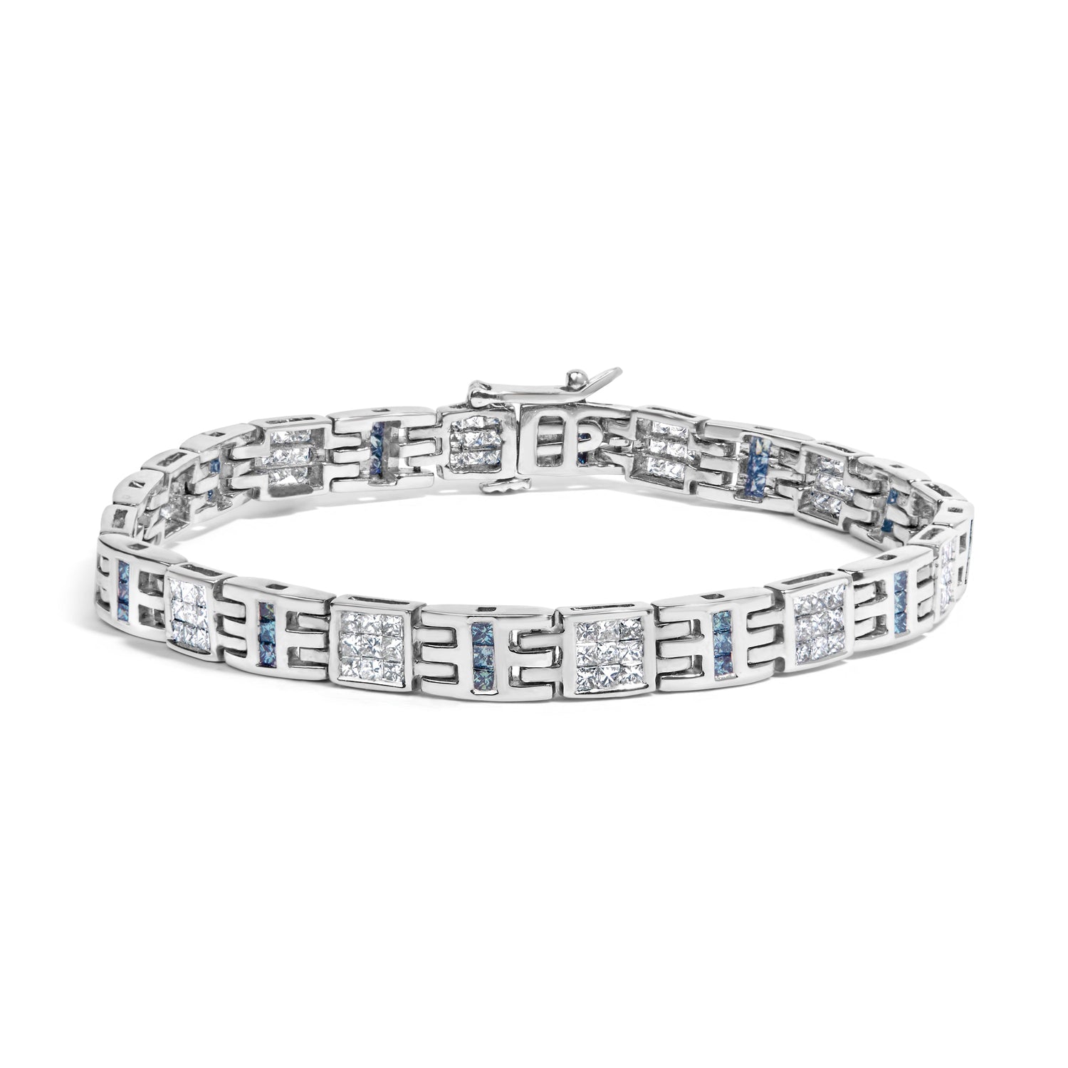 14K White Gold Princess-Cut white and Blue Diamond 3.00 cttw Fashion Link Bracelet (H-I Color, SI1-SI2 Clarity) by Bids.com