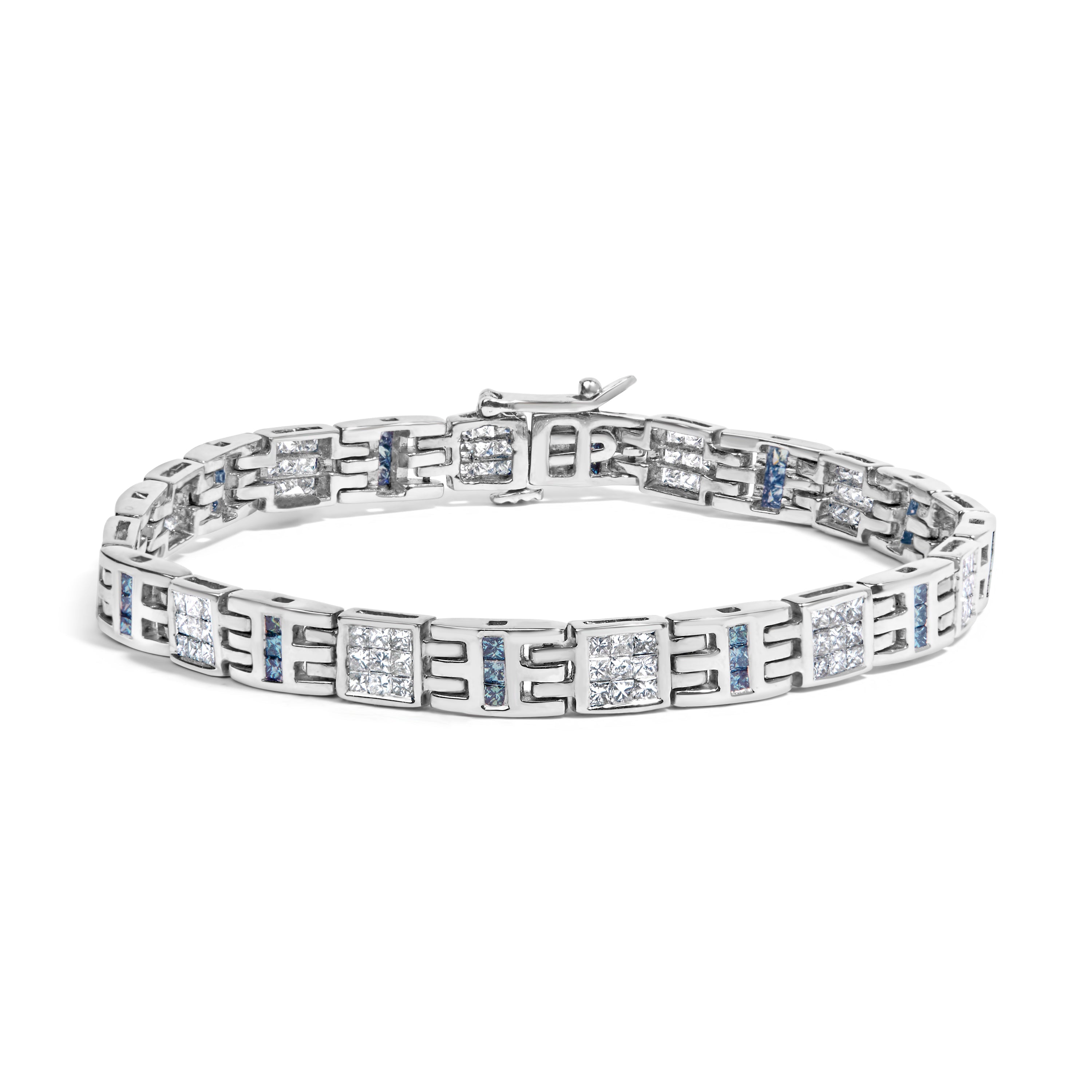 14K White Gold Princess-Cut white and Blue Diamond 3.00 cttw Fashion Link Bracelet (H-I Color, SI1-SI2 Clarity) by Bids.com