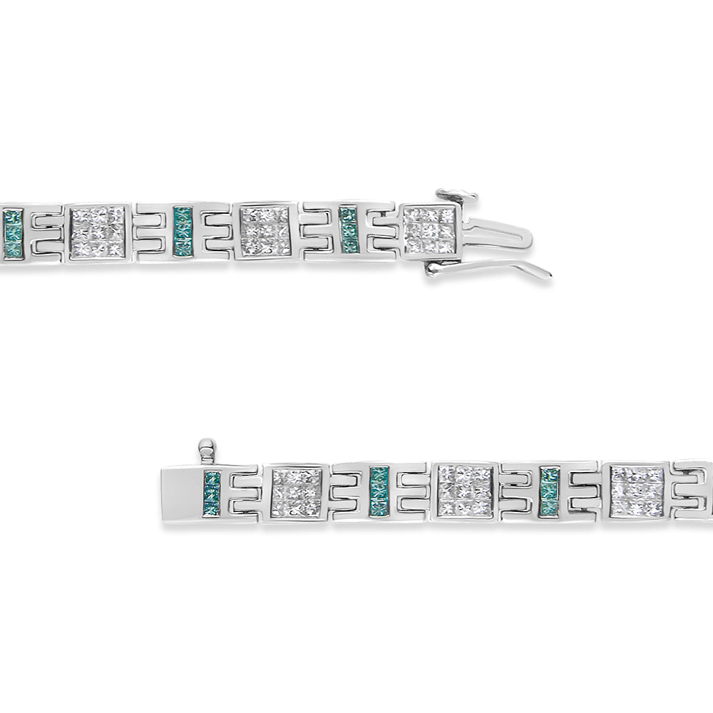 14K White Gold Princess-Cut white and Blue Diamond 3.00 cttw Fashion Link Bracelet (H-I Color, SI1-SI2 Clarity) by Bids.com