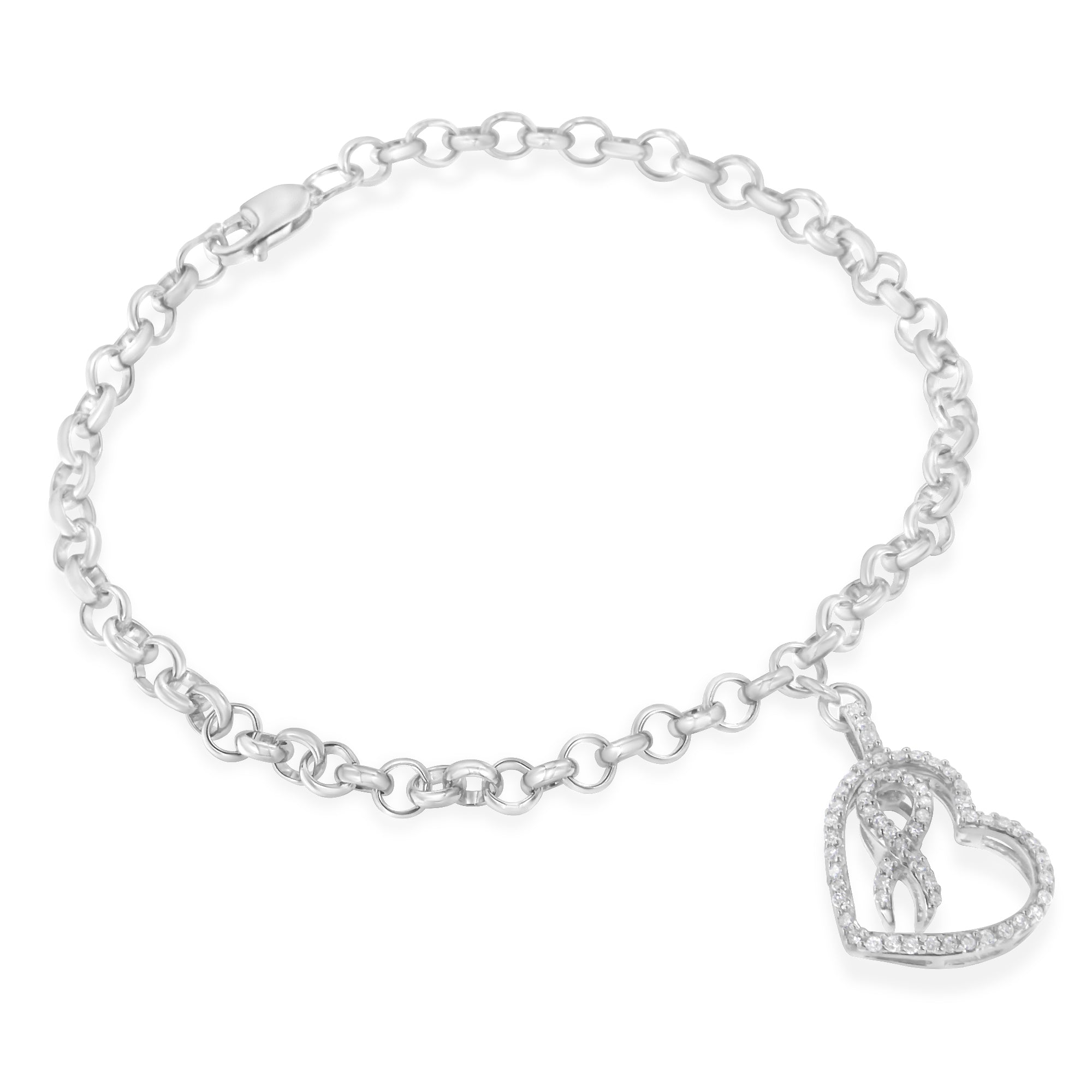 .925 Sterling Silver 1/4 Cttw Diamond-Accented Heart and Ribbon Charm 7" Link Chain Bracelet (H-I Color, I1-I2 Clarity) by Bids.com
