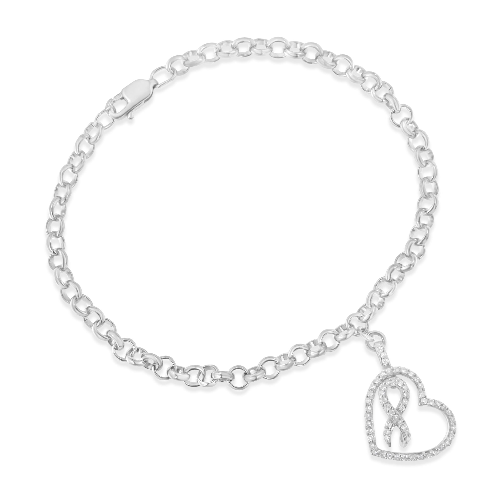 .925 Sterling Silver 1/4 Cttw Diamond-Accented Heart and Ribbon Charm 7" Link Chain Bracelet (H-I Color, I1-I2 Clarity) by Bids.com