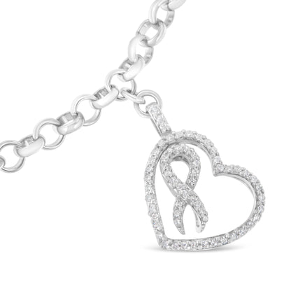 .925 Sterling Silver 1/4 Cttw Diamond-Accented Heart and Ribbon Charm 7" Link Chain Bracelet (H-I Color, I1-I2 Clarity) by Bids.com