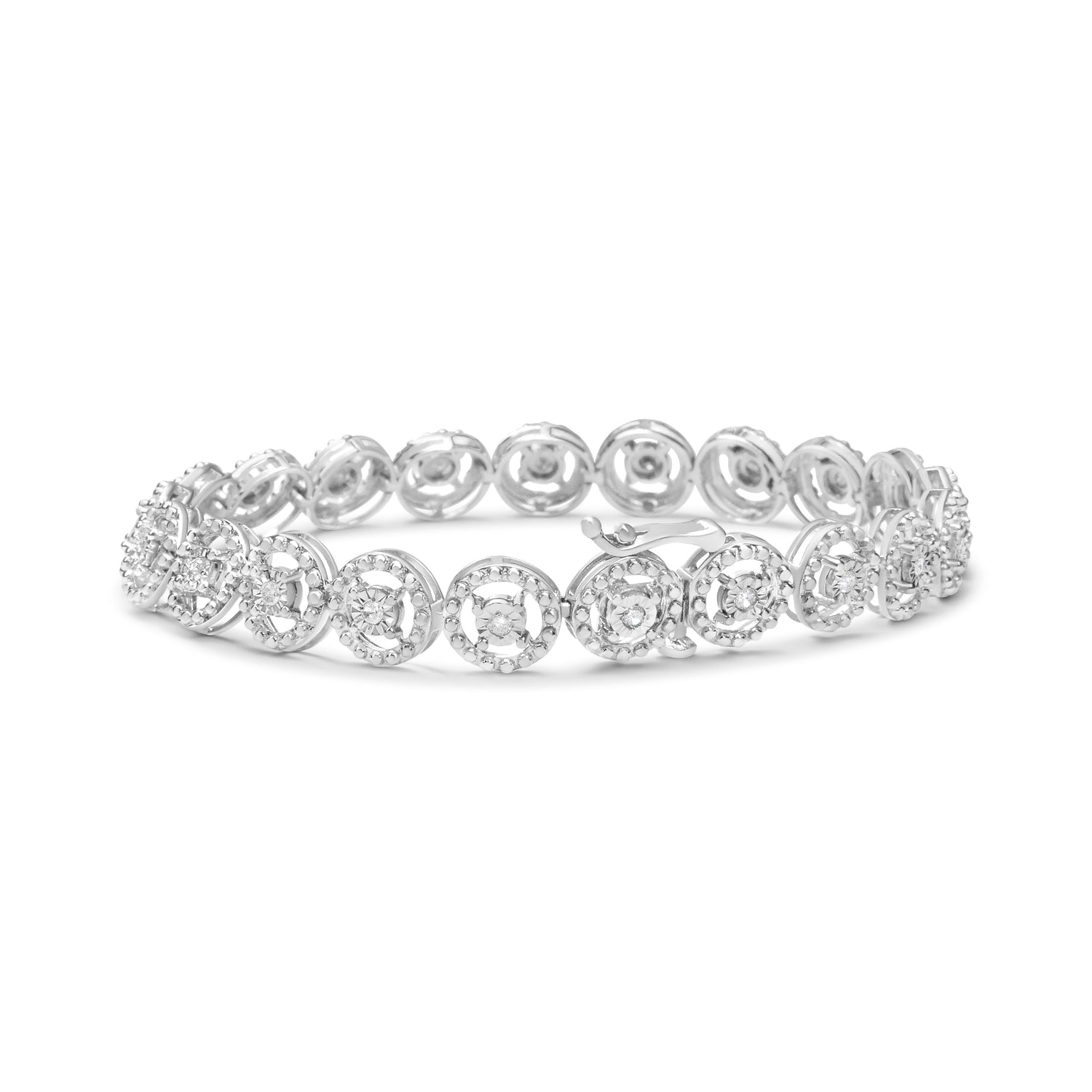 .925 Sterling Silver 1/2 Cttw Diamond Nested Circle Miracle Set Open Wheel 7.25" Fashion Link Bracelet (I-J Color, I3 Clarity)  DestGlow