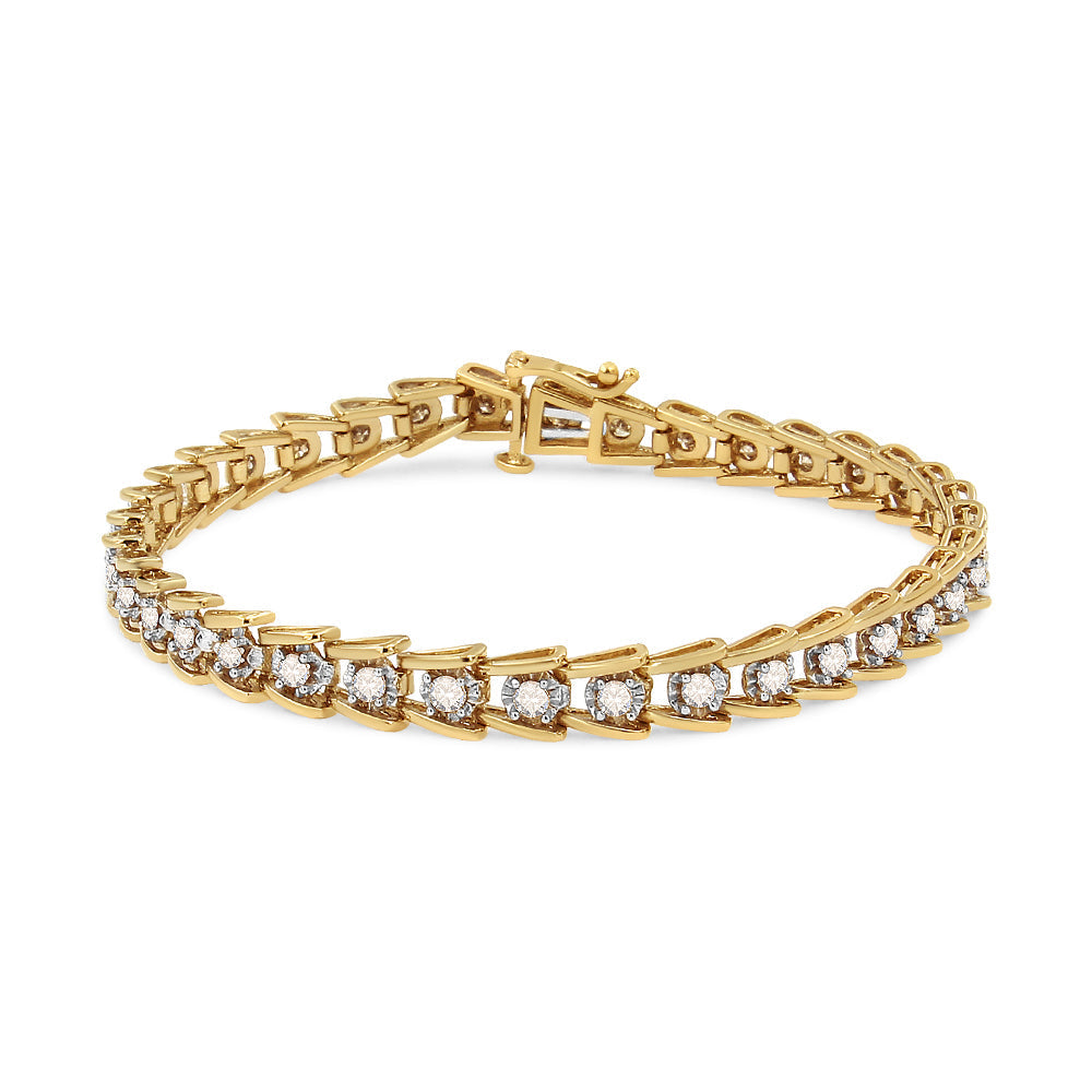 14K Yellow Gold Plated .925 Sterling Silver 2.00 Cttw Miracle Set Diamond Wave Link Bracelet (L-M Color, I2-I3 Clarity) - Size 7.25"  DestGlow