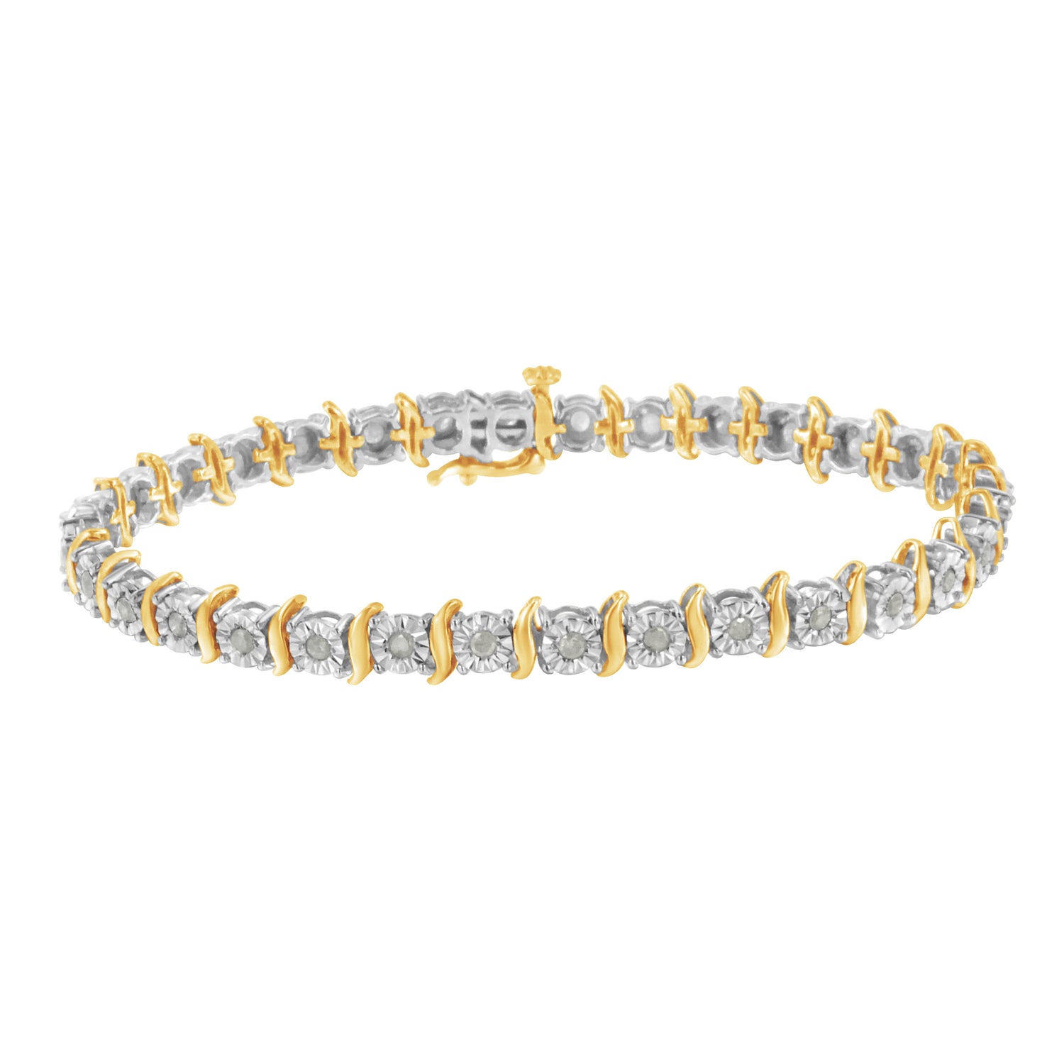 Two-Tone 10K Yellow Gold over .925 Sterling Silver 1.0 Cttw Diamond S-Curve Link Miracle-Set Tennis Bracelet (I-J Color, I3 Clarity) - 7" by Bids.com