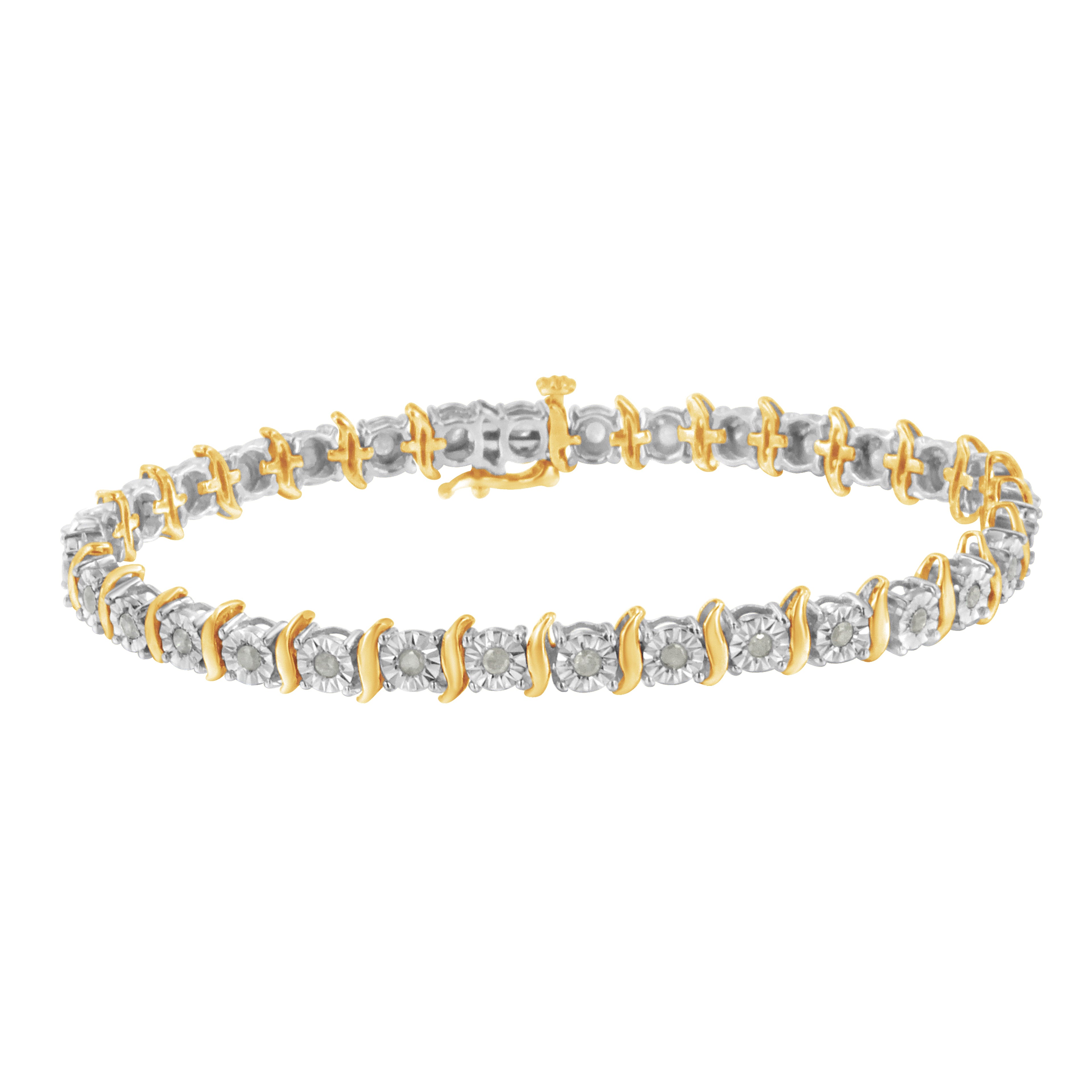 Two-Tone 10K Yellow Gold over .925 Sterling Silver 1.0 Cttw Diamond S-Curve Link Miracle-Set Tennis Bracelet (I-J Color, I3 Clarity) - 7" by Bids.com