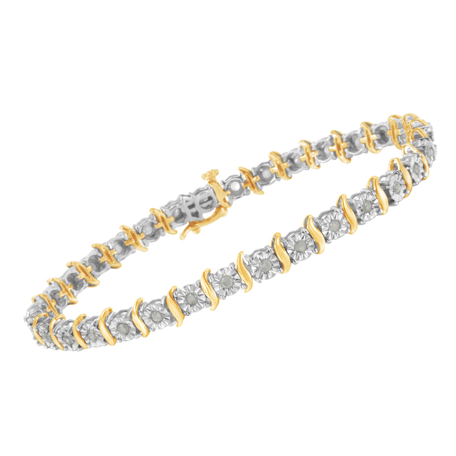Two-Tone 10K Yellow Gold over .925 Sterling Silver 1.0 Cttw Diamond S-Curve Link Miracle-Set Tennis Bracelet (I-J Color, I3 Clarity) - 7" by Bids.com