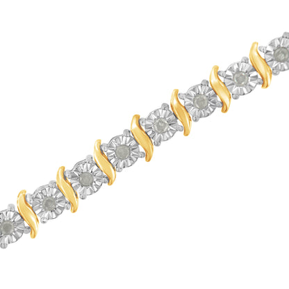 Two-Tone 10K Yellow Gold over .925 Sterling Silver 1.0 Cttw Diamond S-Curve Link Miracle-Set Tennis Bracelet (I-J Color, I3 Clarity) - 7" by Bids.com