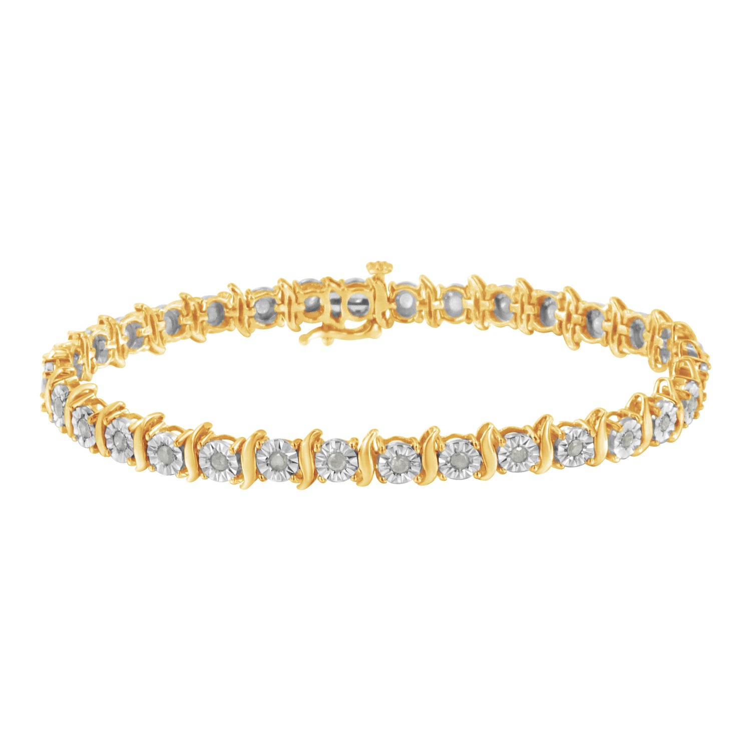 Two-Tone 10K Yellow Gold over .925 Sterling Silver 1.0 Cttw Diamond S-Curve Link Miracle-Set Tennis Bracelet (I-J Color, I3 Clarity) - 7" by Bids.com