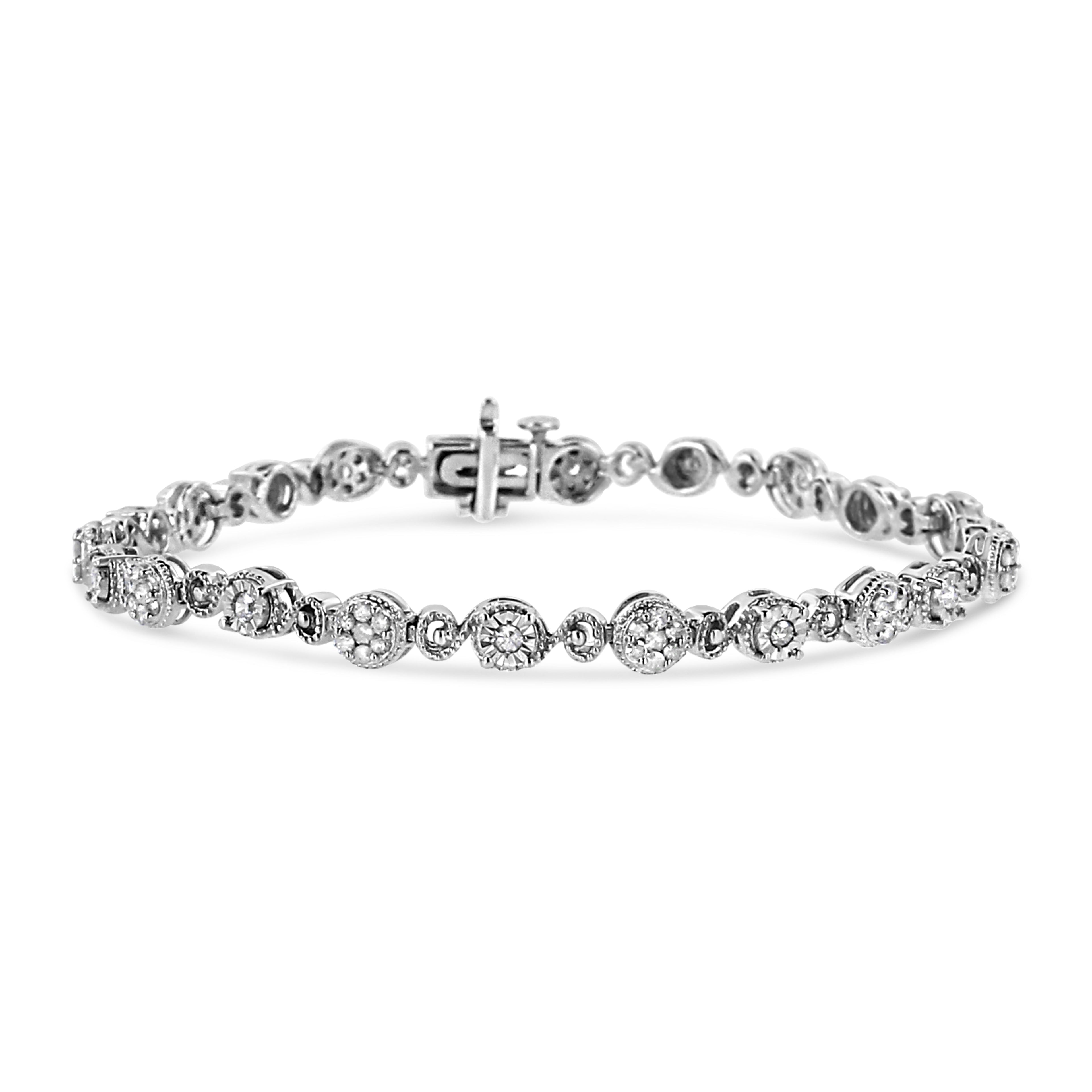 .925 Sterling Silver 1.0 Cttw Diamond Swirl Beaded Link Bracelet (I-J Color, I3-Promo Clarity) - 7.25" Inches by Bids.com