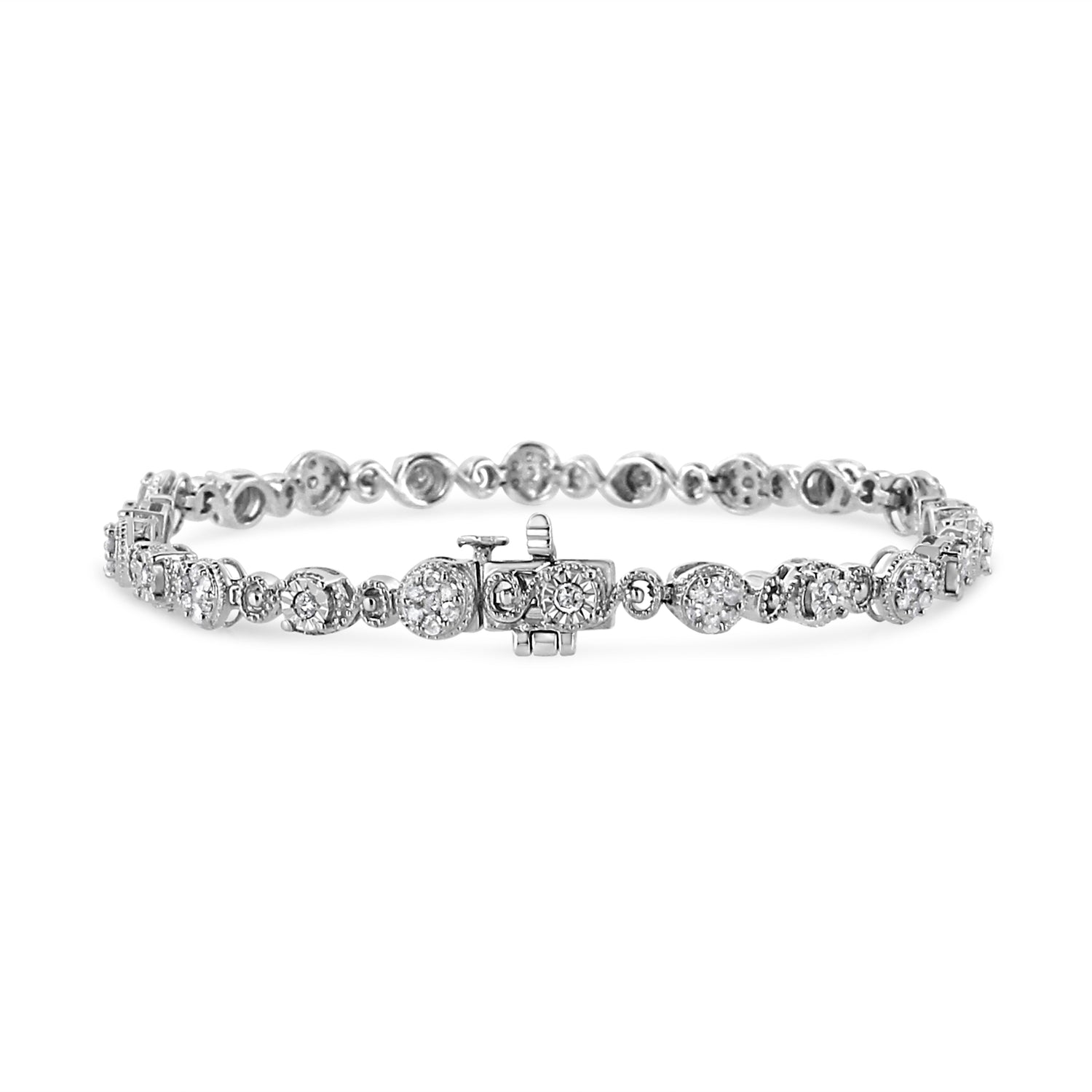 .925 Sterling Silver 1.0 Cttw Diamond Swirl Beaded Link Bracelet (I-J Color, I3-Promo Clarity) - 7.25" Inches by Bids.com