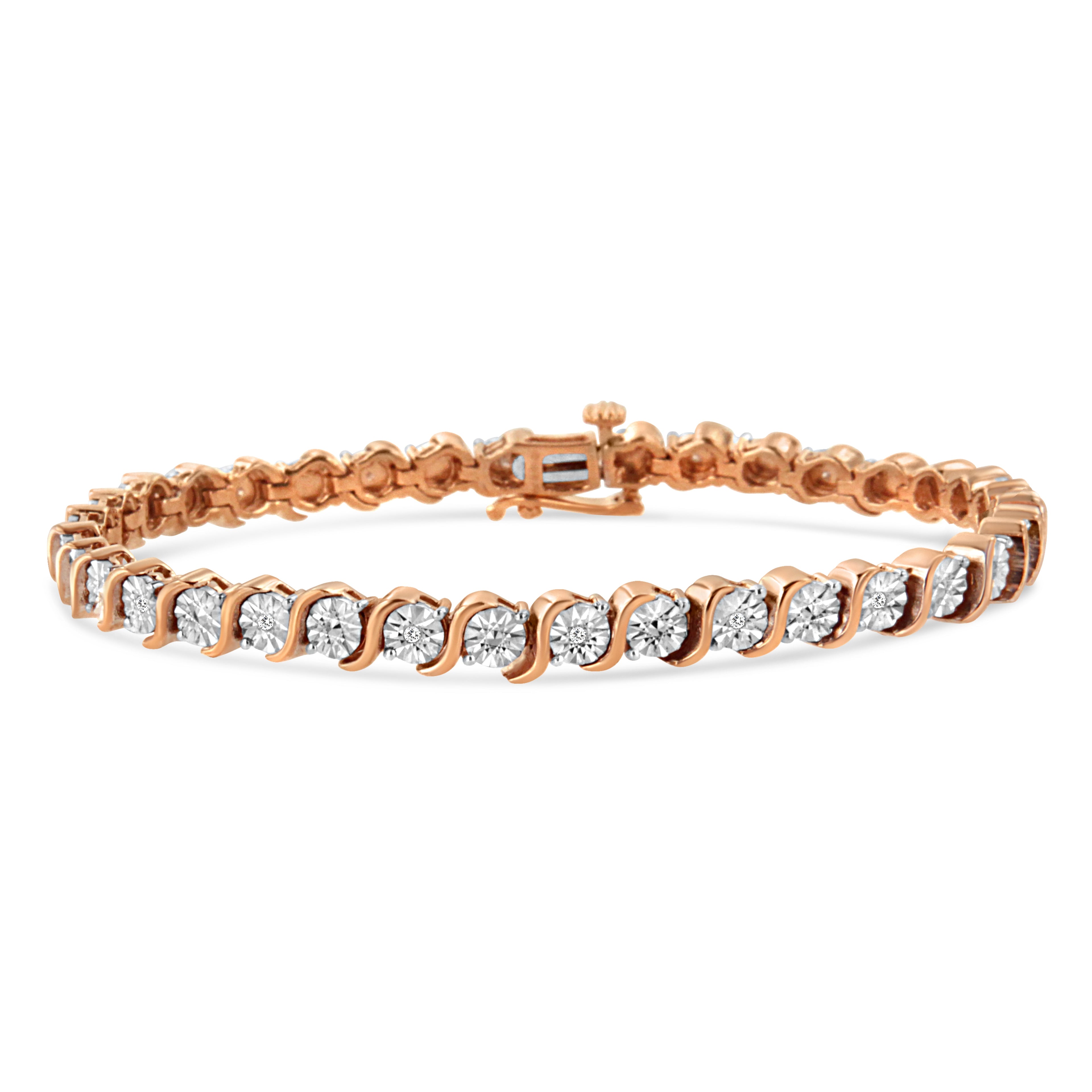 14K Rose Gold Plated .925 Sterling Silver 1/10 Cttw Diamond Round Miracle Plate and "S" Link Tennis Bracelet (I-J Color, I2- I3 Clarity) - 7" by Bids.com