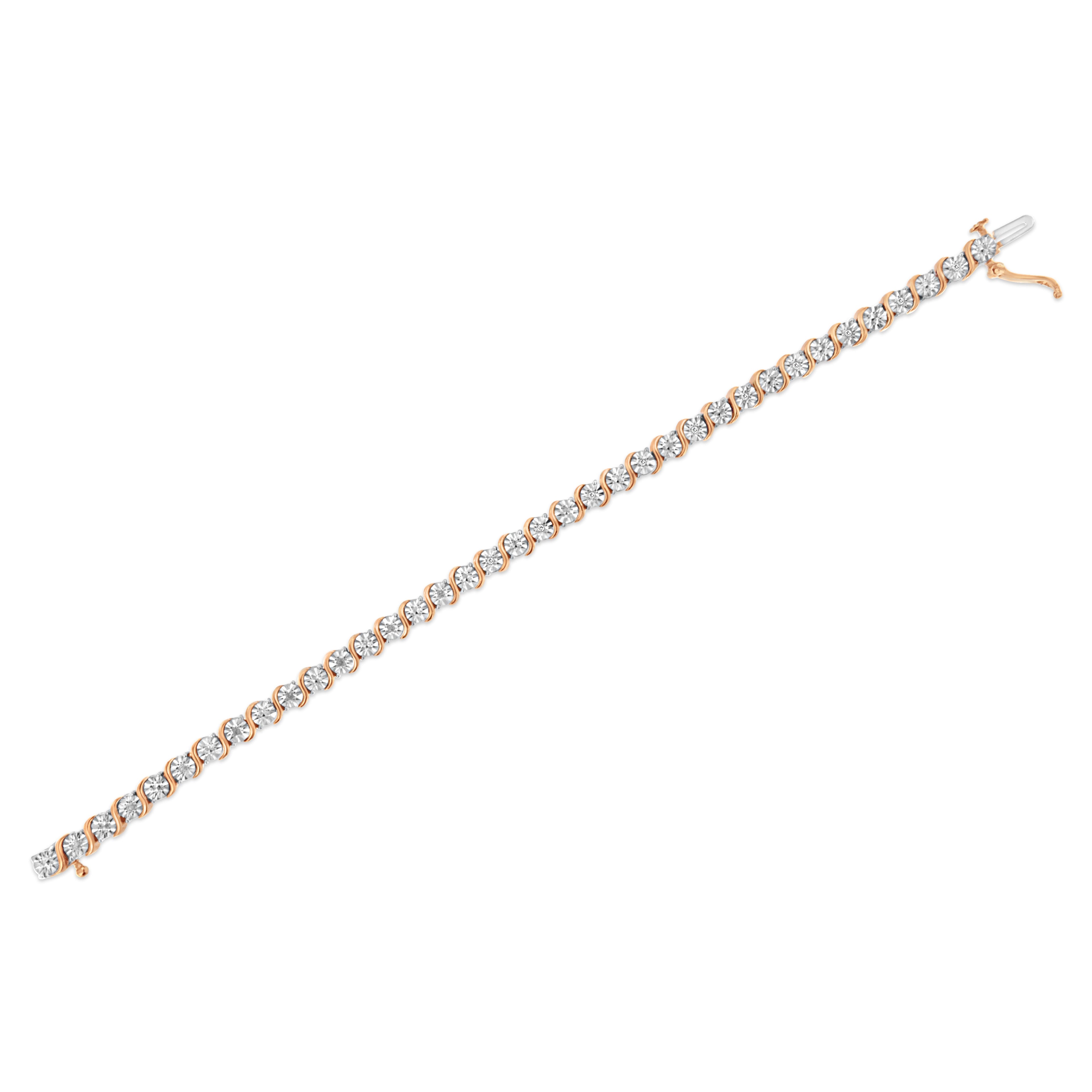 14K Rose Gold Plated .925 Sterling Silver 1/10 Cttw Diamond Round Miracle Plate and "S" Link Tennis Bracelet (I-J Color, I2- I3 Clarity) - 7" by Bids.com