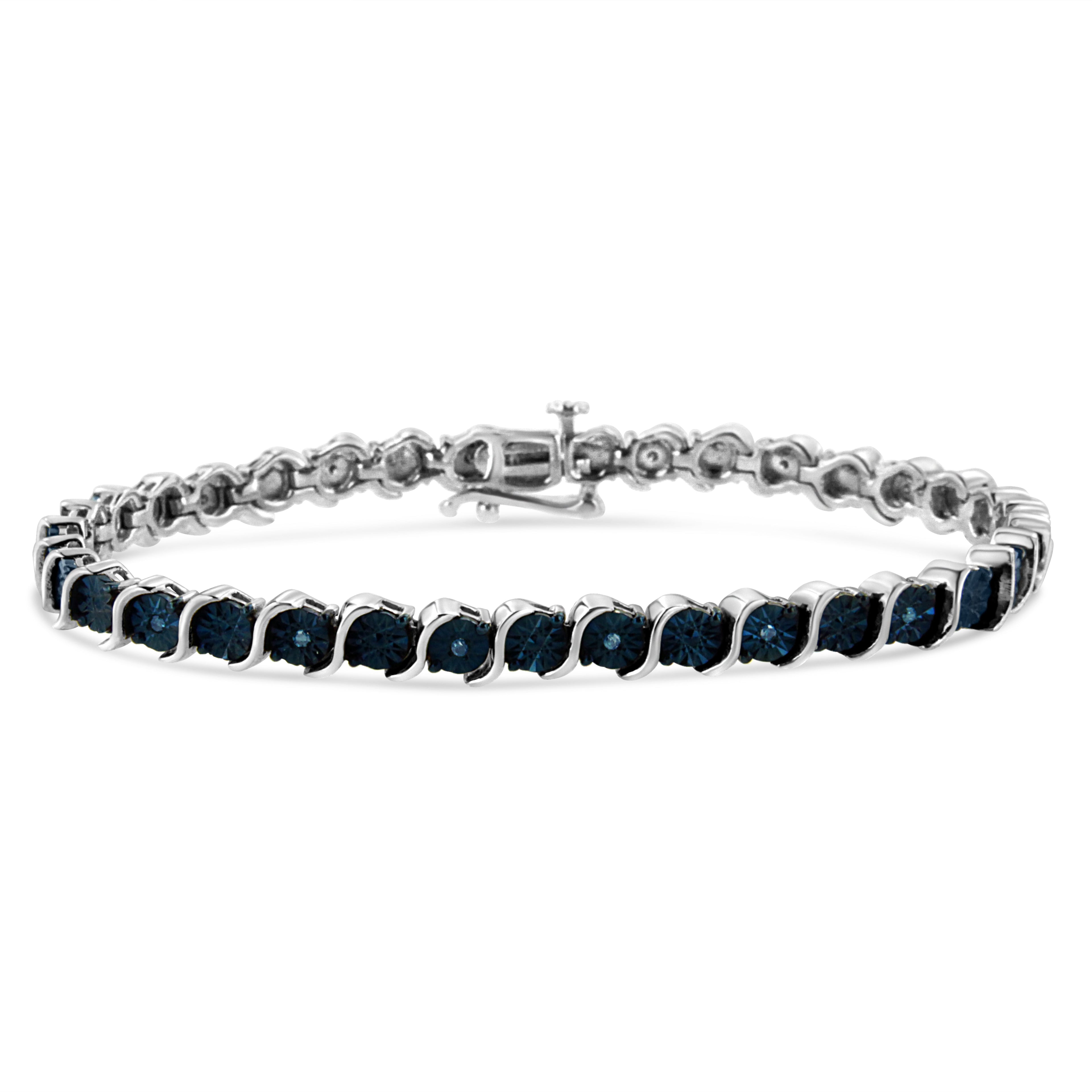 .925 Sterling Silver 1/10 Cttw Miracle-Set Treated Blue Color Diamond Miracle Plate "S" Link Tennis Bracelet (Blue Color, I2- I3 Clarity) - 7.25" by Bids.com