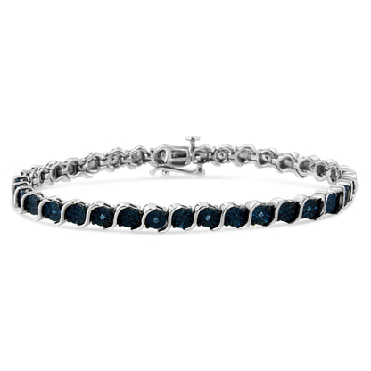 .925 Sterling Silver 1/10 Cttw Miracle-Set Treated Blue Color Diamond Miracle Plate "S" Link Tennis Bracelet (Blue Color, I2- I3 Clarity) - 7.25" by Bids.com