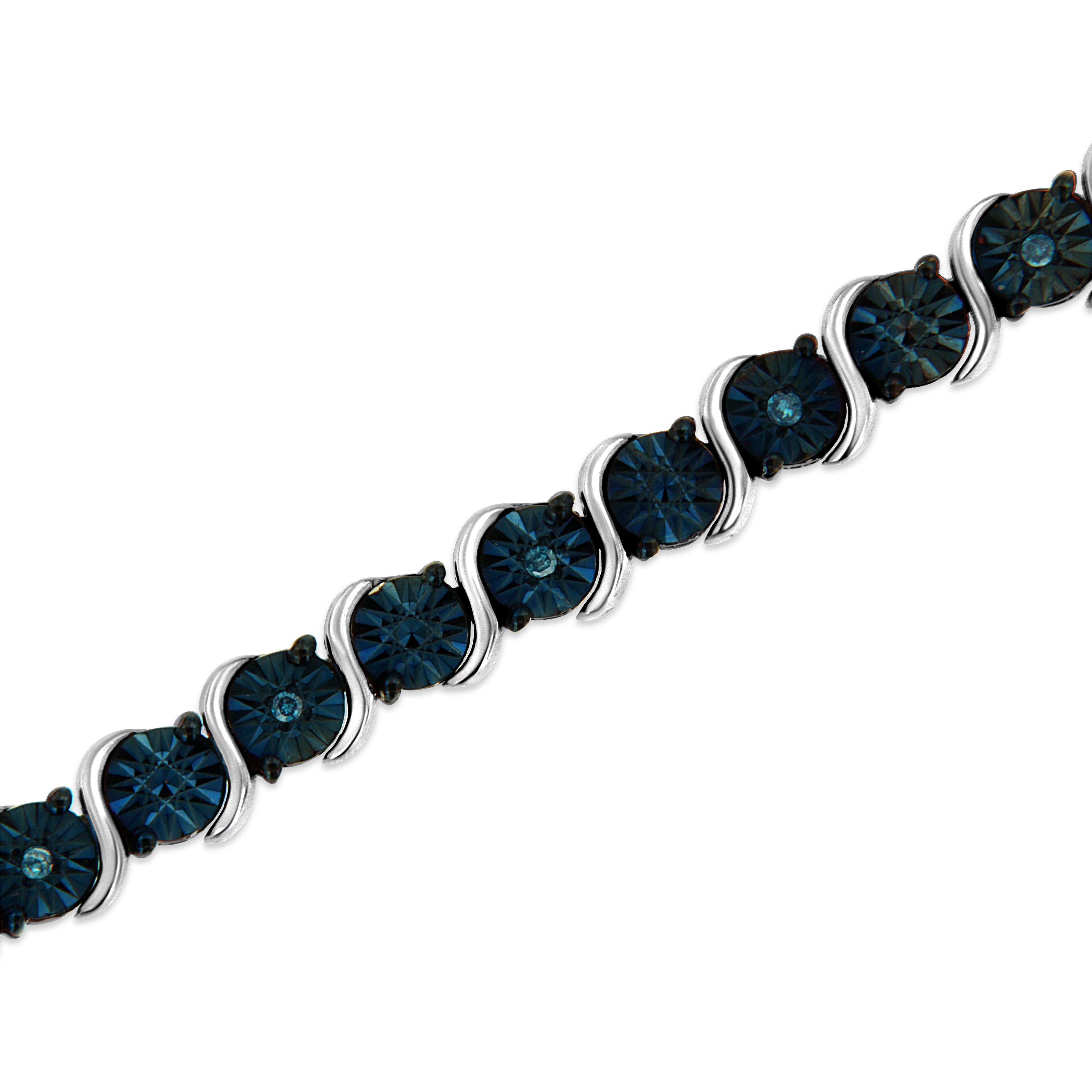 .925 Sterling Silver 1/10 Cttw Miracle-Set Treated Blue Color Diamond Miracle Plate "S" Link Tennis Bracelet (Blue Color, I2- I3 Clarity) - 7.25" by Bids.com
