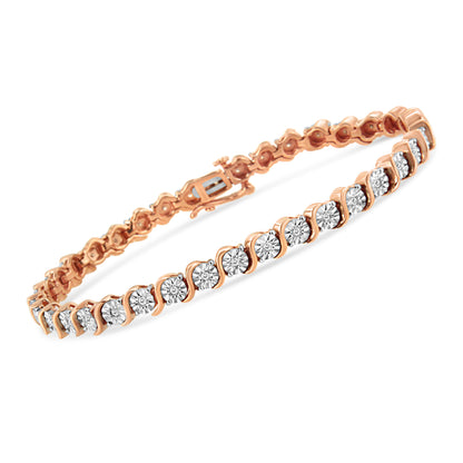 14K Rose Gold Plated .925 Sterling Silver 1/4 Cttw Diamond Round Miracle Plate and "S" Link Tennis Bracelet (I-J Color, I2- I3 Clarity) - 7" by Bids.com