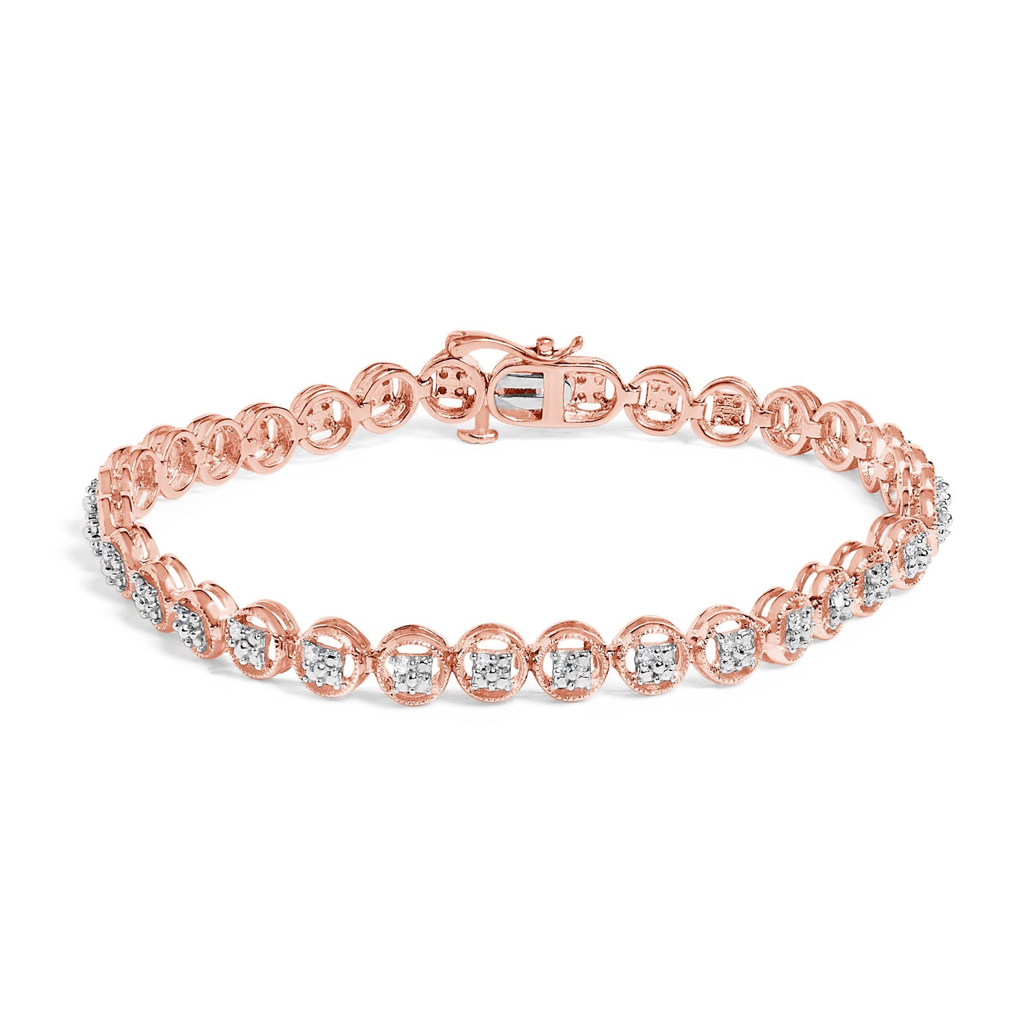 14K Yellow Gold Plated .925 Sterling Silver 1/10 Cttw Diamond Open Circle Beaded Wheel Link Tennis Bracelet (I-J Color, I3 Clarity) - 7.25" by Bids.com