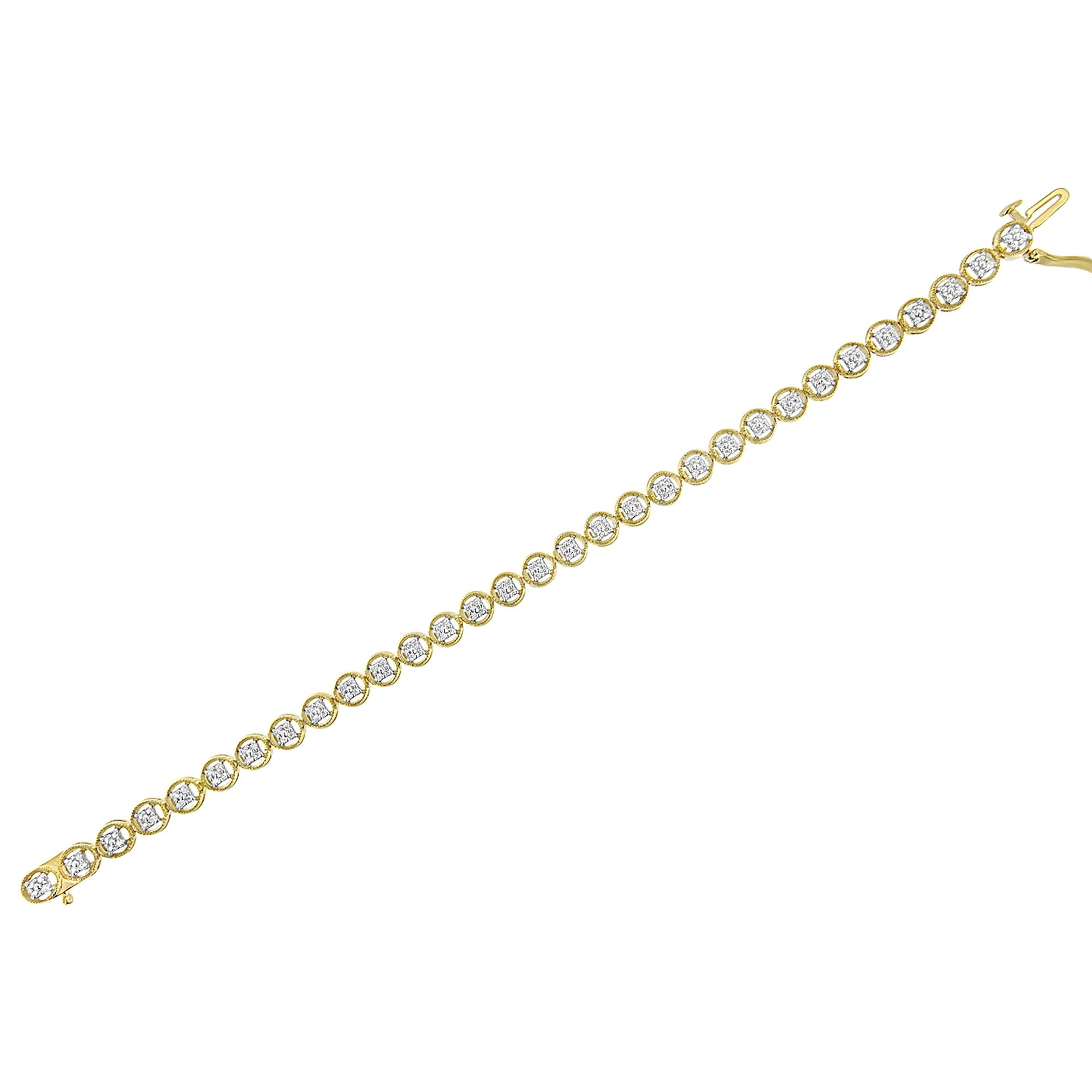 14K Yellow Gold Plated .925 Sterling Silver 1/10 Cttw Diamond Open Circle Beaded Wheel Link Tennis Bracelet (I-J Color, I3 Clarity) - 7.25" by Bids.com