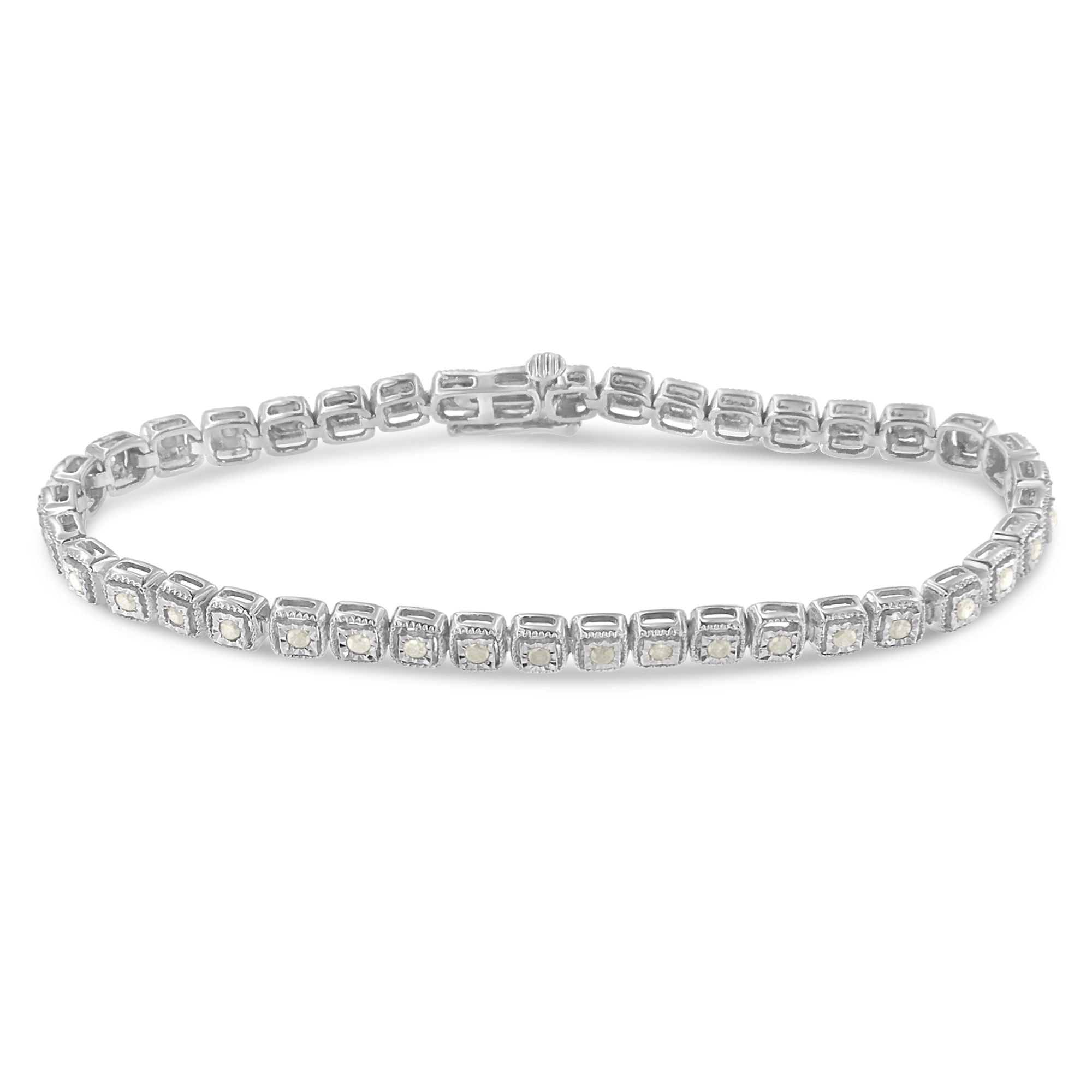 .925 Sterling Silver 1.0 Cttw Diamond Miracle-Set Square Milgrain 7" Link Tennis Bracelet (I-J Color, I3 Clarity) by Bids.com