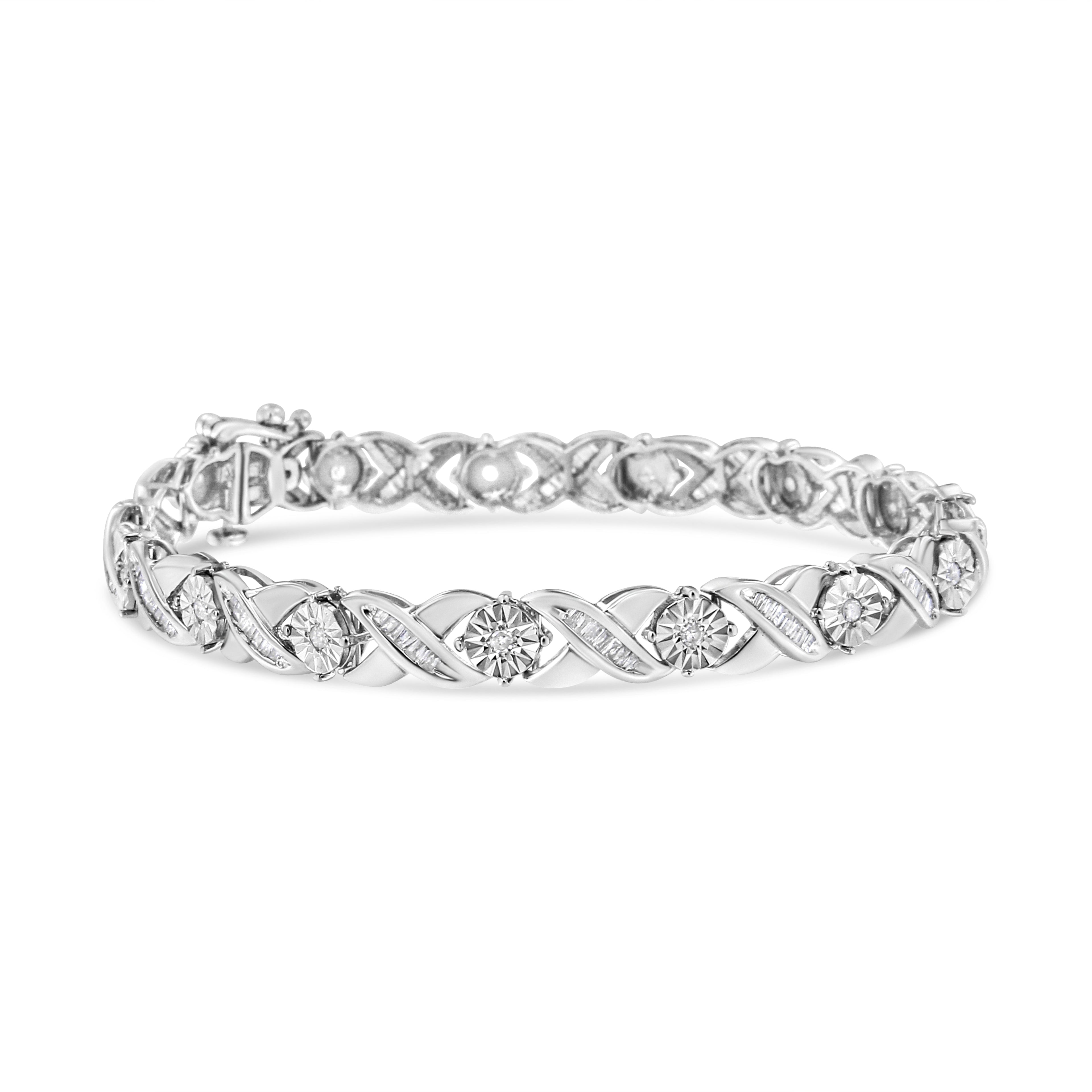 .925 Sterling Silver 1.0 Cttw Round-Brilliant and Baguette Cut Diamond Miracle-Set X-Link 7" Tennis Bracelet (I-J Color, I2-I3 Clarity) by Bids.com
