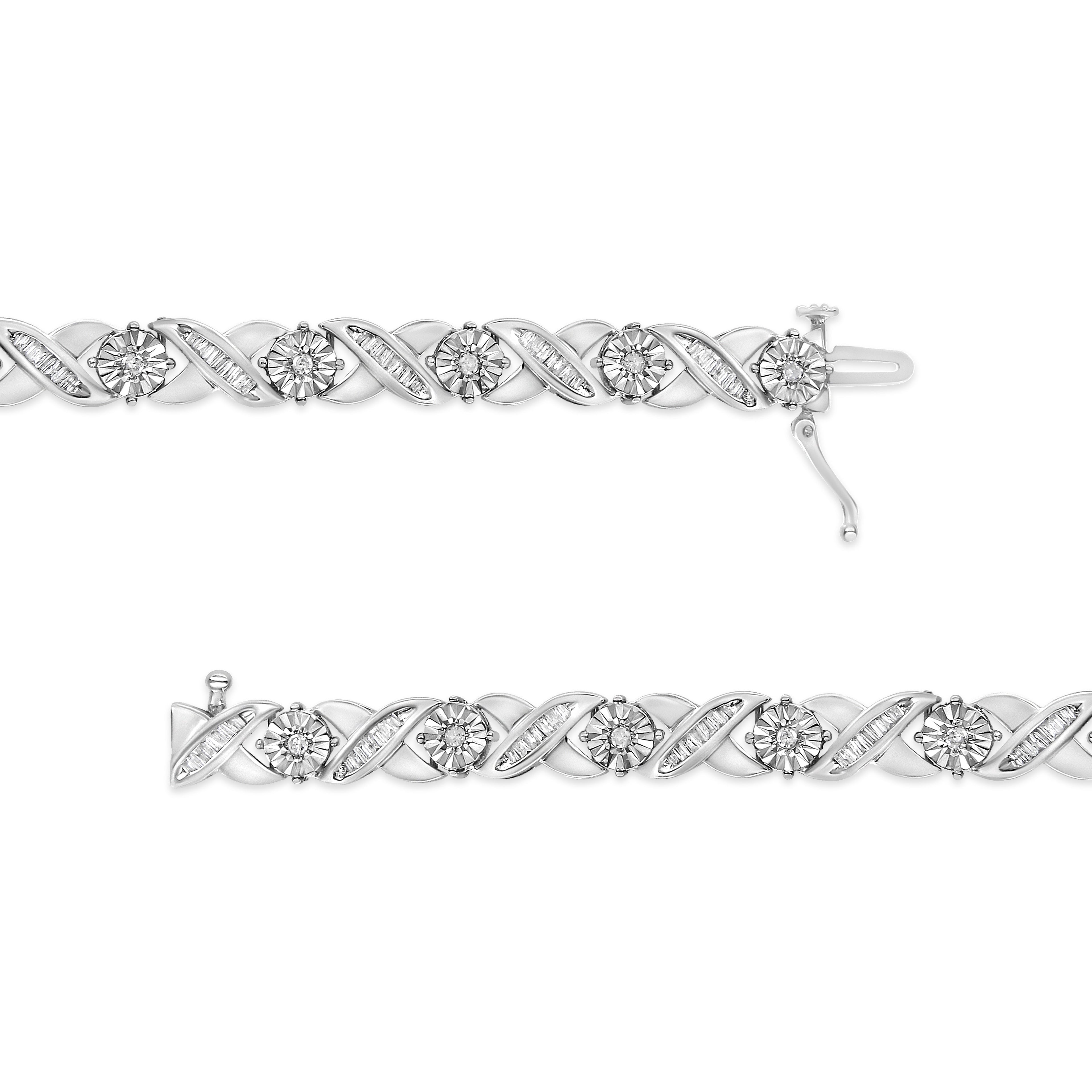.925 Sterling Silver 1.0 Cttw Round-Brilliant and Baguette Cut Diamond Miracle-Set X-Link 7" Tennis Bracelet (I-J Color, I2-I3 Clarity) by Bids.com