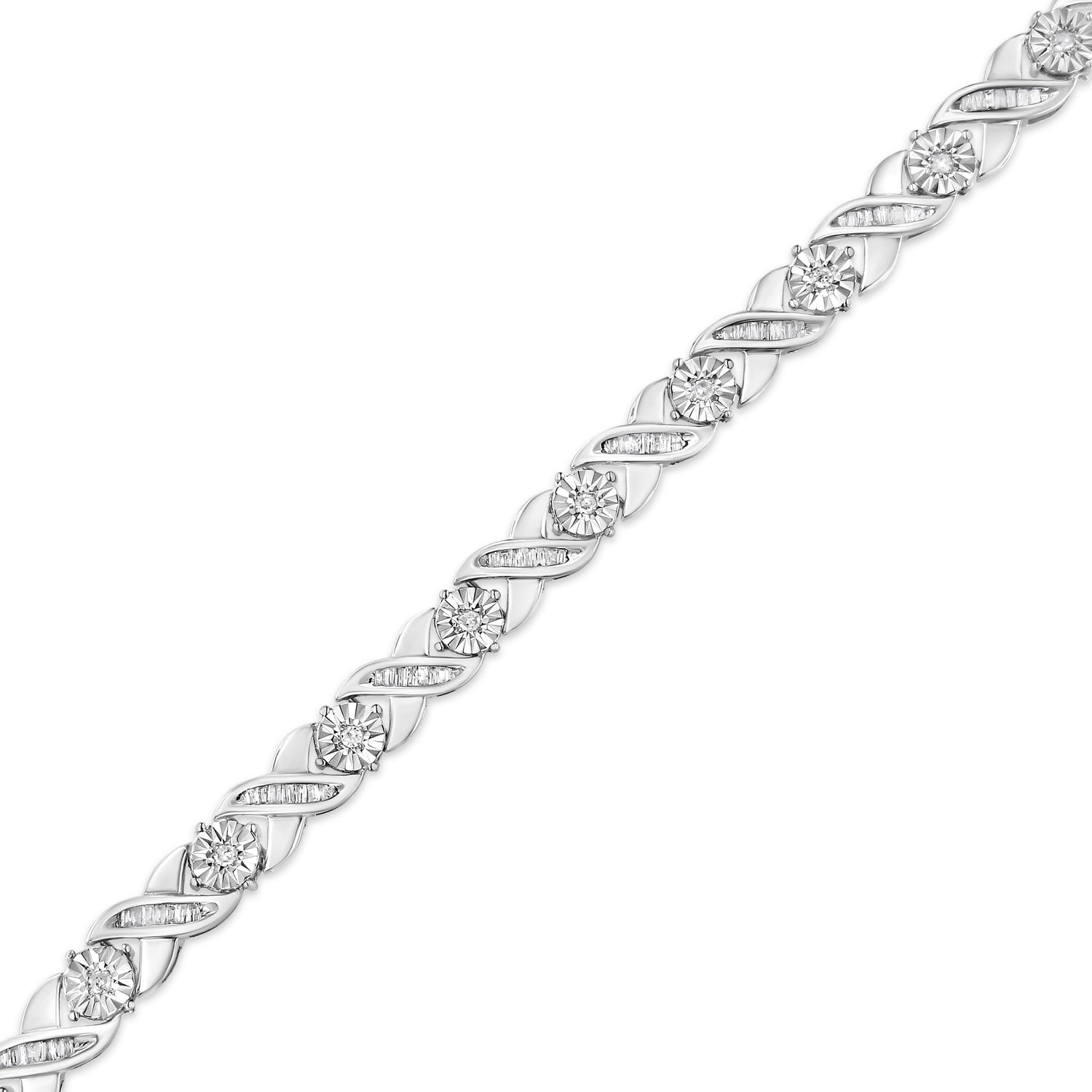 .925 Sterling Silver 1.0 Cttw Round-Brilliant and Baguette Cut Diamond Miracle-Set X-Link 7" Tennis Bracelet (I-J Color, I2-I3 Clarity) by Bids.com