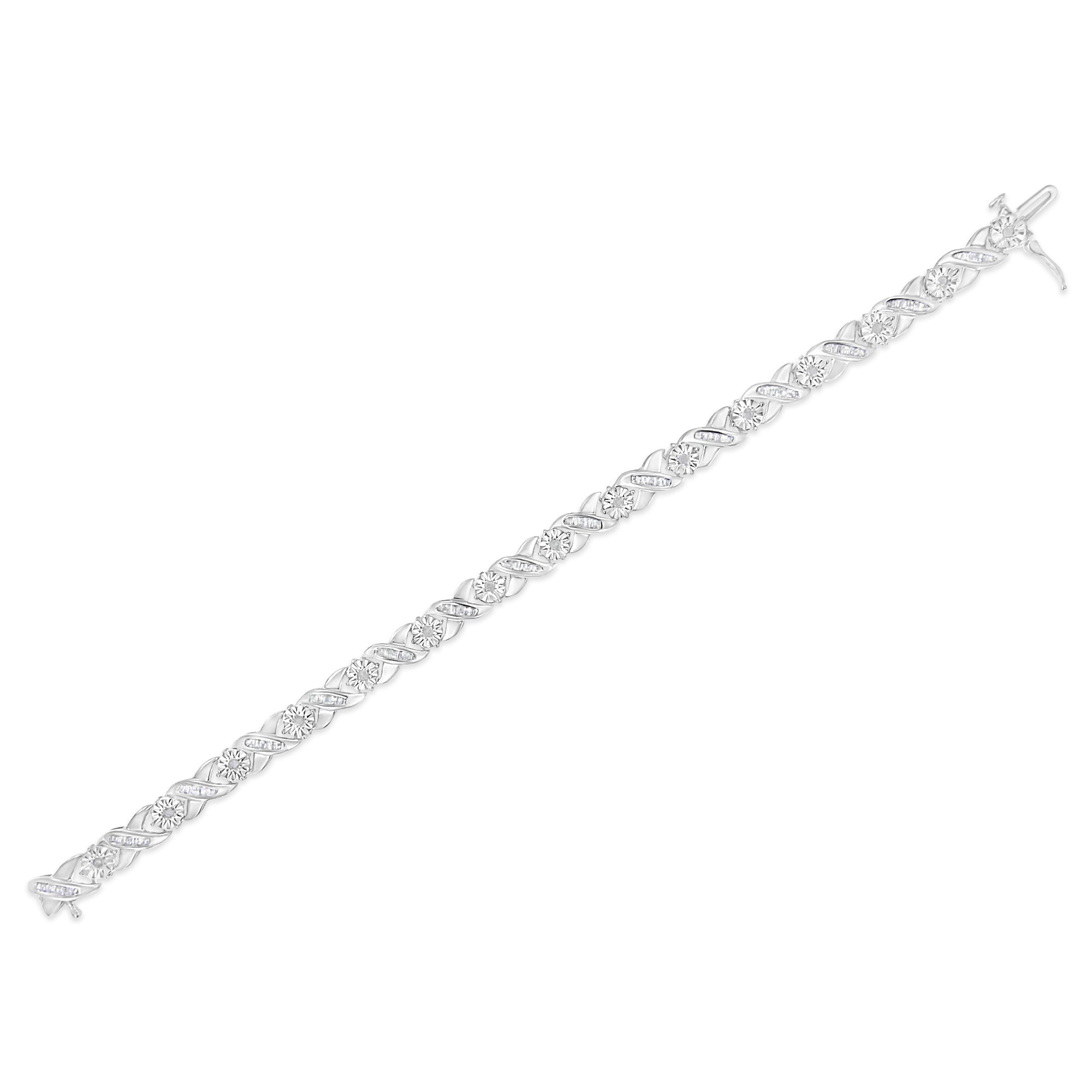 .925 Sterling Silver 1.0 Cttw Round-Brilliant and Baguette Cut Diamond Miracle-Set X-Link 7" Tennis Bracelet (I-J Color, I2-I3 Clarity) by Bids.com
