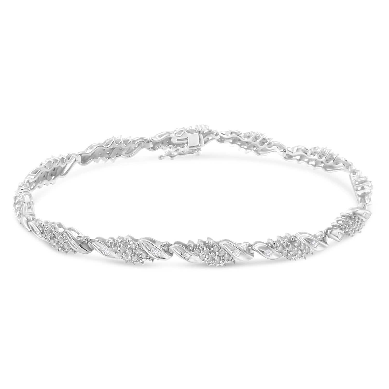 .925 Sterling Silver 1-1/2 Cttw Round and Baguette Cut Diamond Wave Link Bracelet (I-J Color, I2-I3 Clarity) - 7" by Bids.com