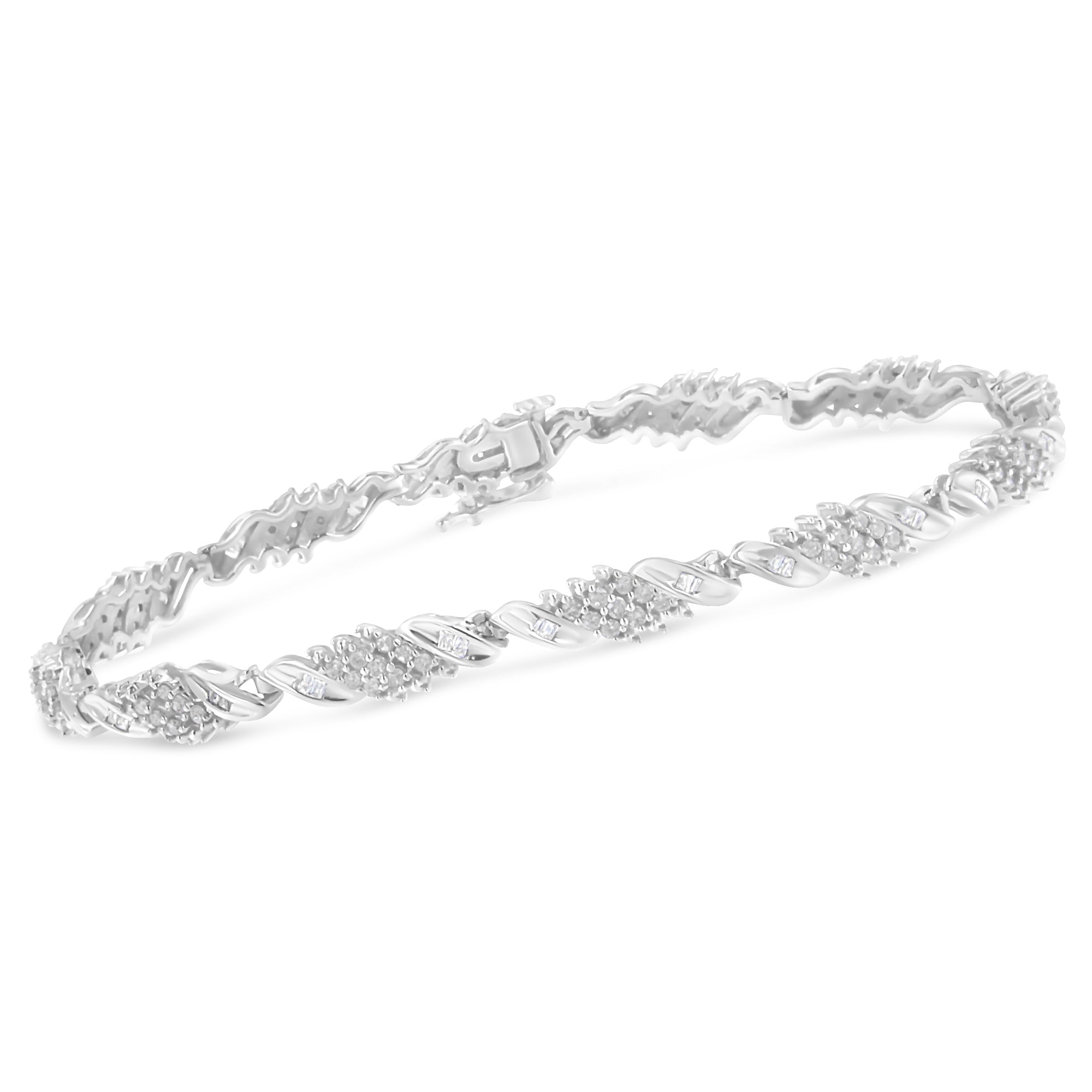 .925 Sterling Silver 1-1/2 Cttw Round and Baguette Cut Diamond Wave Link Bracelet (I-J Color, I2-I3 Clarity) - 7" by Bids.com