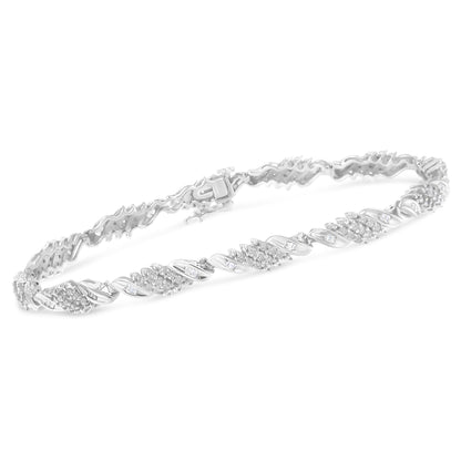 .925 Sterling Silver 1-1/2 Cttw Round and Baguette Cut Diamond Wave Link Bracelet (I-J Color, I2-I3 Clarity) - 7" by Bids.com