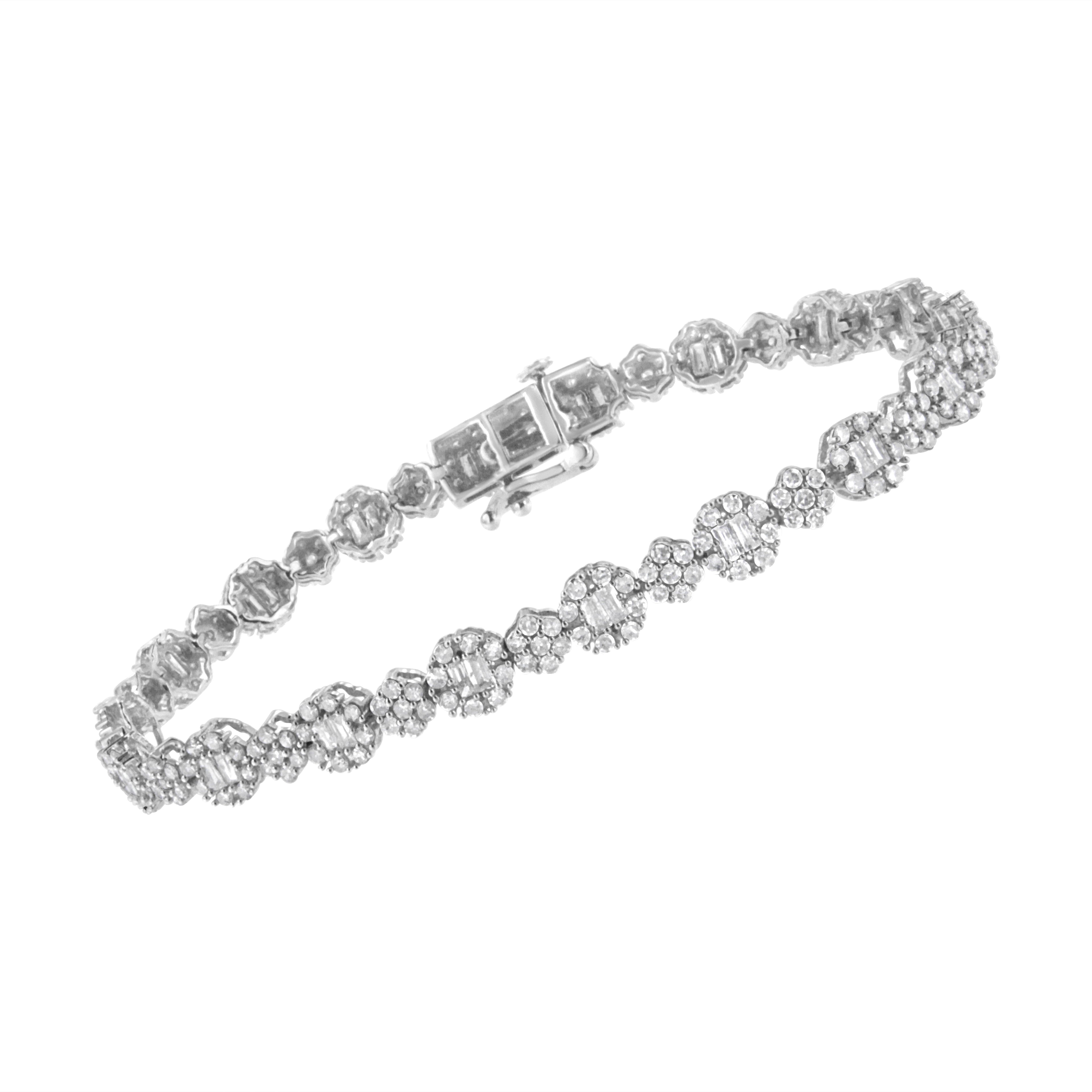 10K White Gold 4.0 cttw Brilliant Round-cut and Baguette Diamond Floral Cluster Link Bracelet (I-J Clarity, I1-I2 Color) - Size 7" 